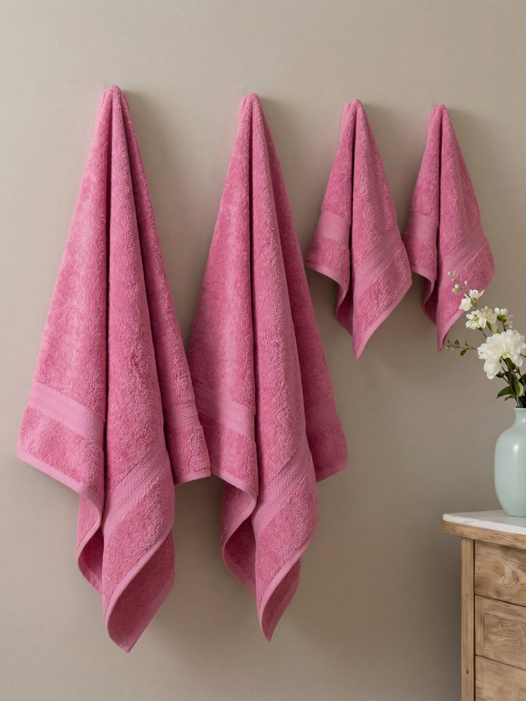 Pink 100% Cotton Solid 380 GSM Bath Towel Jazz 4 Pc Set Gifting Box Pack