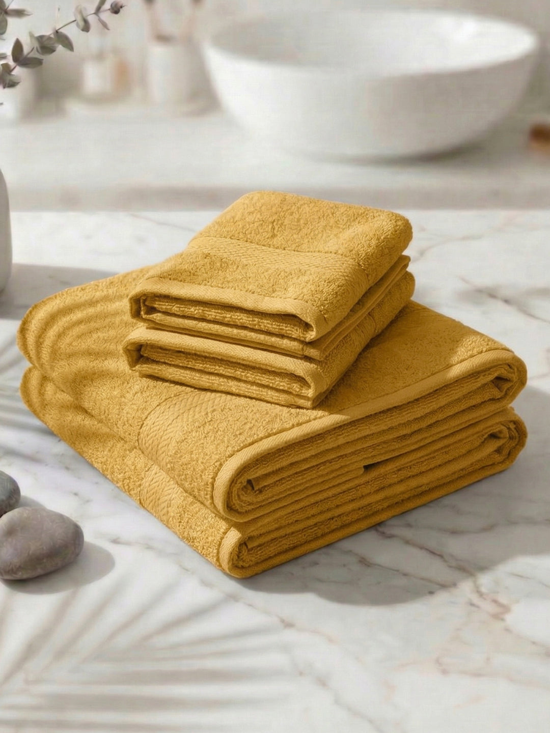Mustard Yellow 100% Cotton Solid 380 GSM Bath Towel Jazz 4 Pc Set Gifting Box Pack