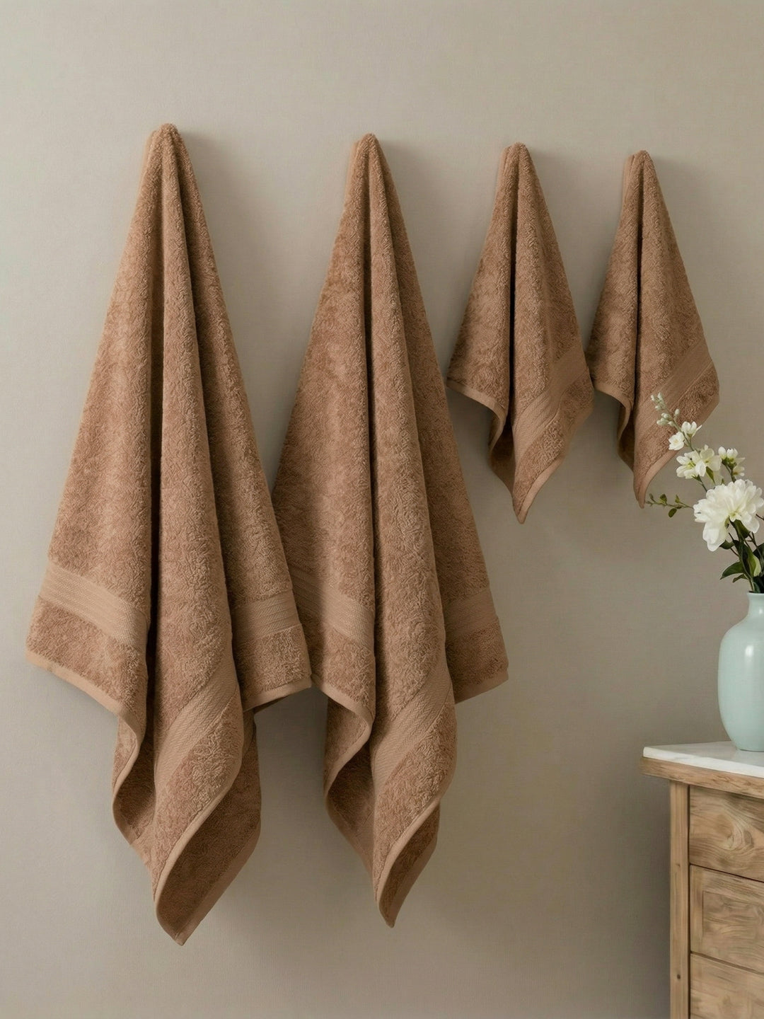 Beige 100% Cotton Solid 380 GSM Bath Towel Jazz 4 Pc Set Gifting Box Pack