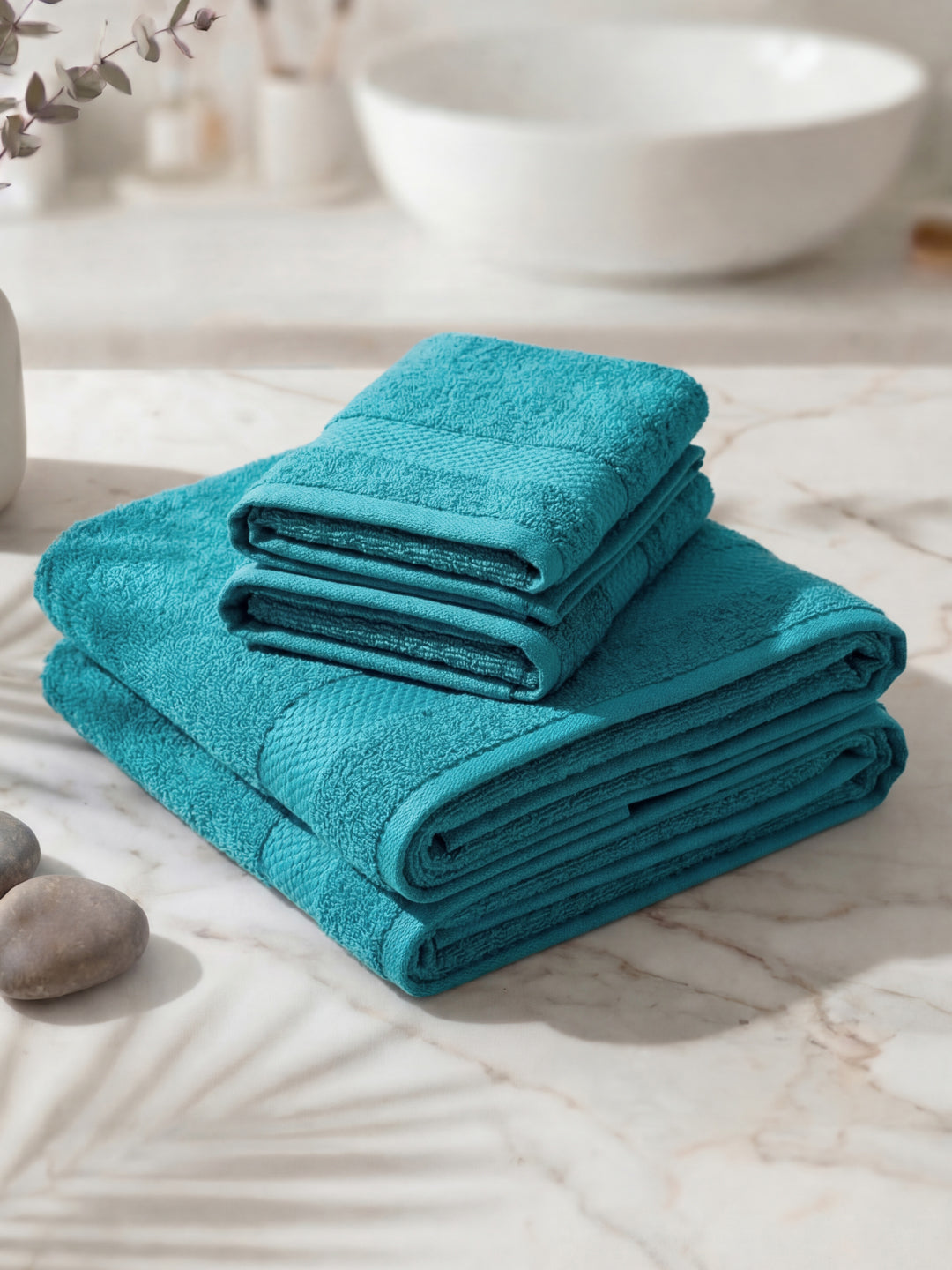 Blue 100% Cotton Solid 380 GSM Bath Towel Jazz 4 Pc Set Gifting Box Pack