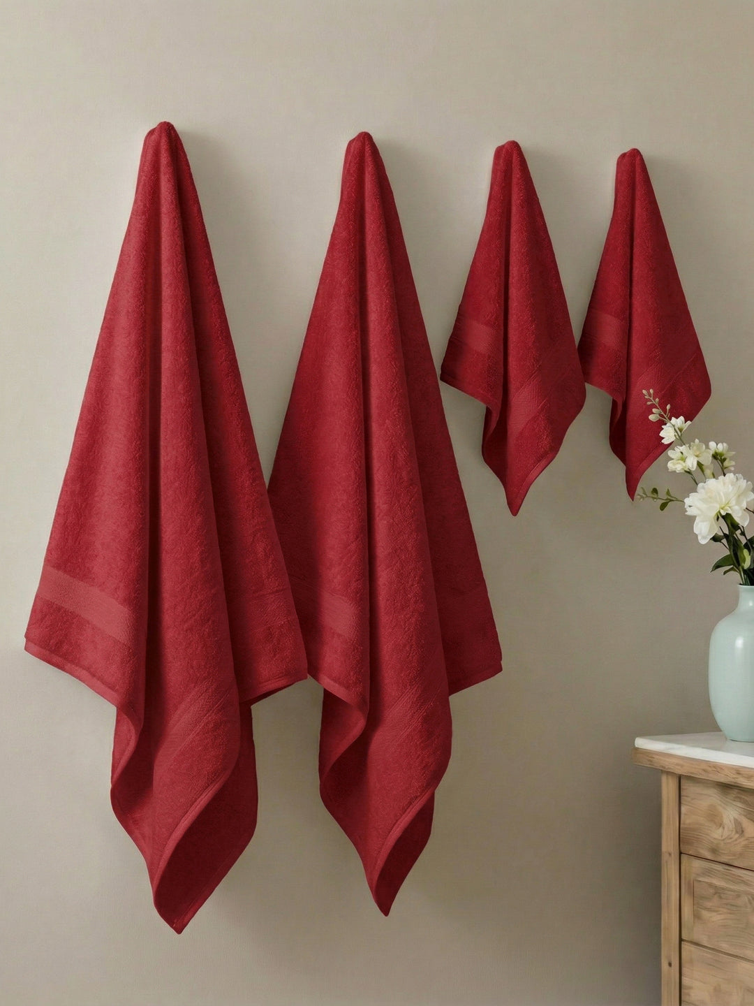 Red 100% Cotton Solid 380 GSM Bath Towel Jazz 4 Pc Set Gifting Box Pack