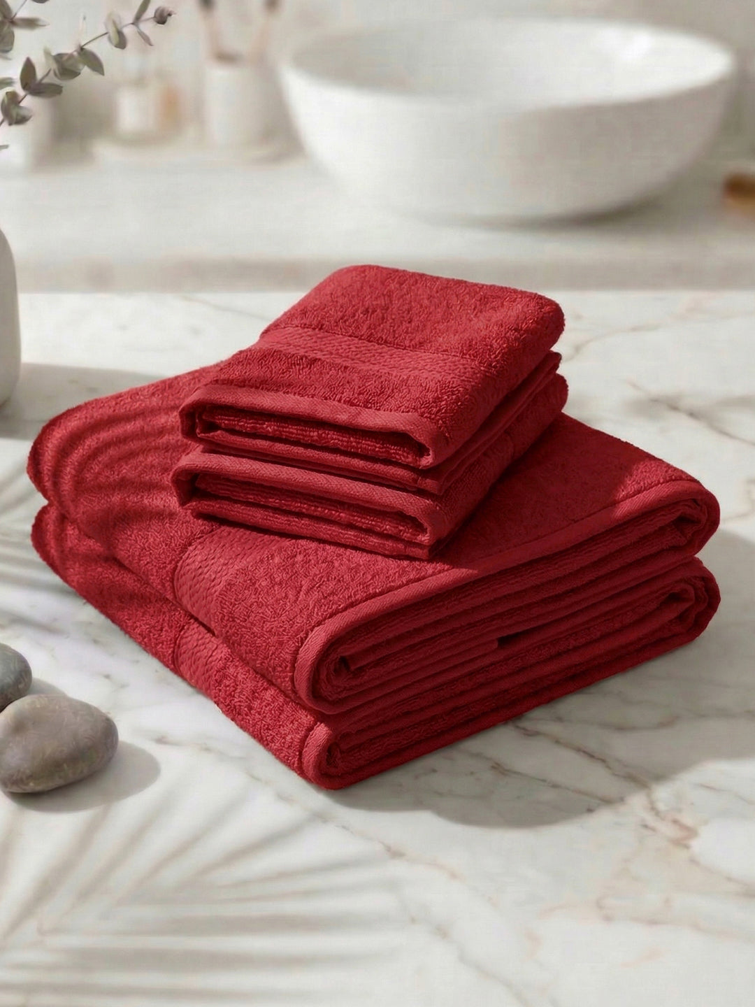 Red 100% Cotton Solid 380 GSM Bath Towel Jazz 4 Pc Set Gifting Box Pack