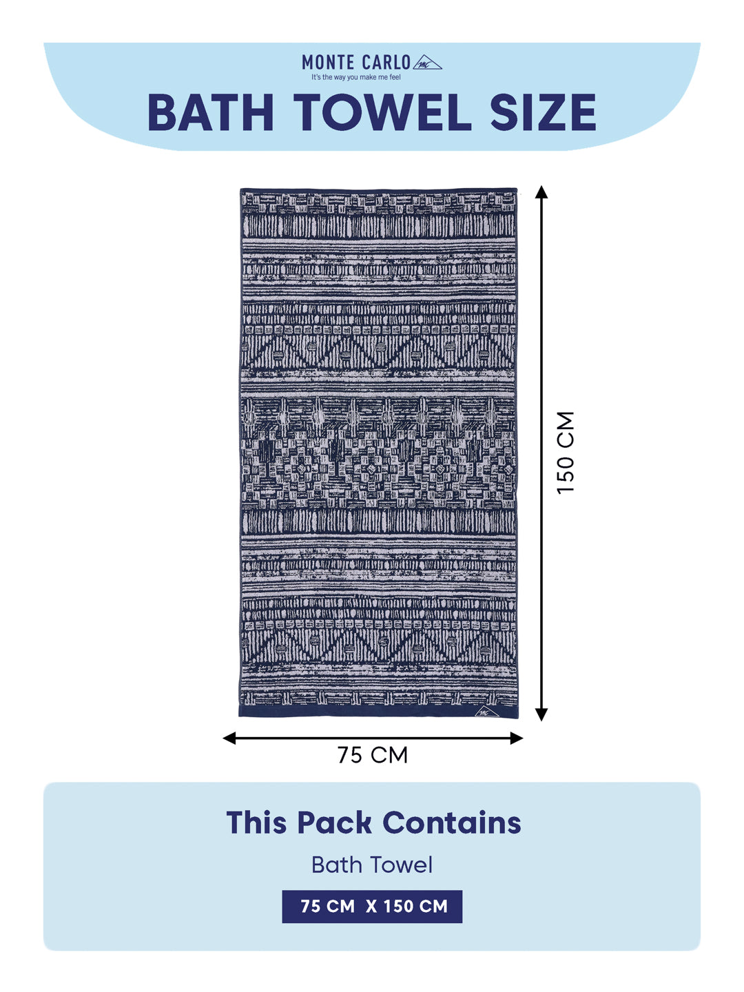 Premium Indigo Blue 100% Cotton Self Design 525 GSM Bath Towel Santorini 1 Pc Pvc Pack