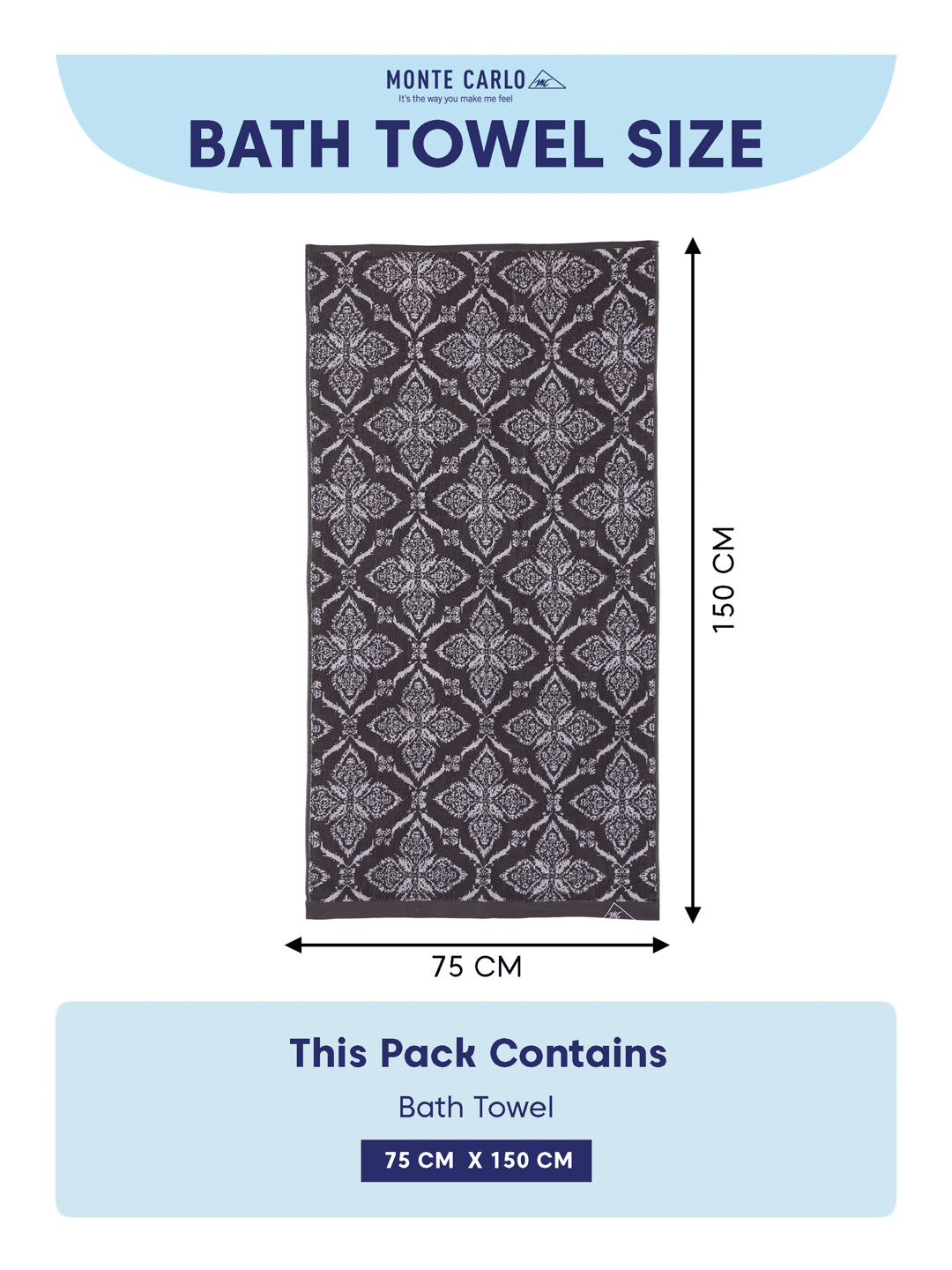 Premium Grey 100% Cotton Self Design 525 GSM Bath Towel Santorini 1 Pc Pvc Pack