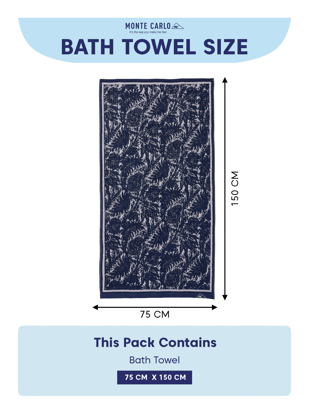 Premium Indigo Blue 100% Cotton Self Design 525 GSM Bath Towel Santorini 1 Pc Pvc Pack