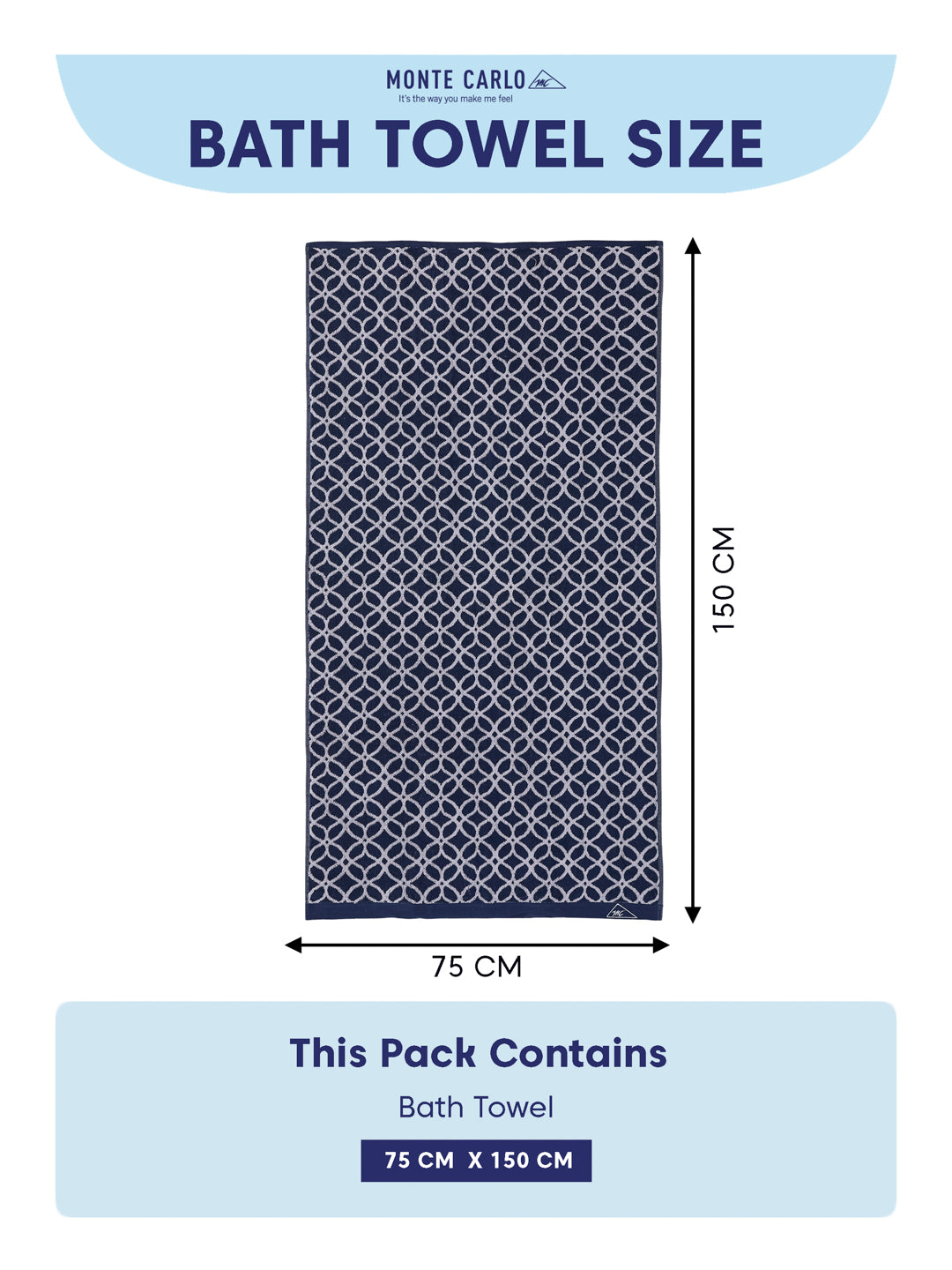 Premium Indigo Blue 100% Cotton Self Design 525 GSM Bath Towel Santorini 1 Pc Pvc Pack