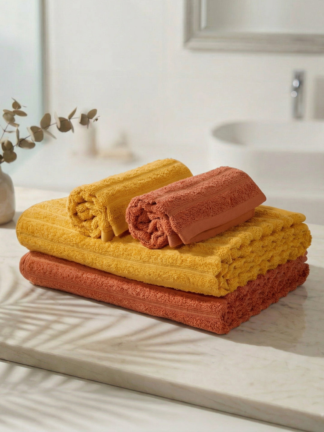 Orange & Yellow 100% Cotton Solid 500 GSM Bath Towel Sensations 4 Pc Set Gifting Box Pack
