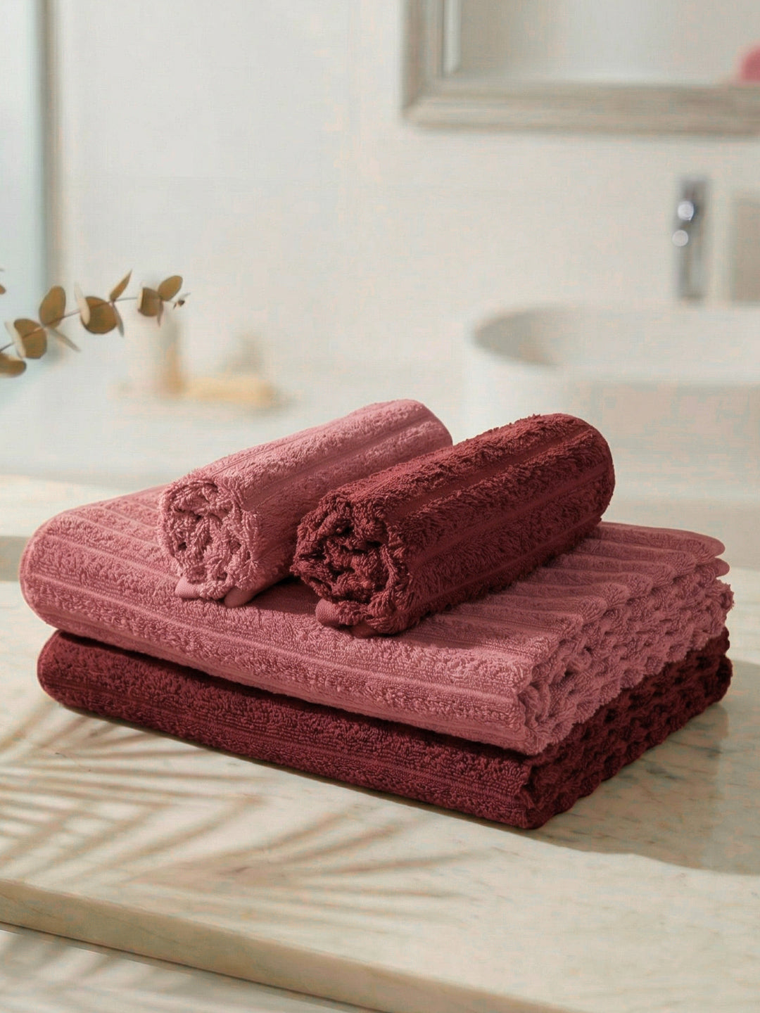 Maroon & Pink 100% Cotton Solid 500 GSM Bath Towel Sensations 4 Pc Set Gifting Box Pack