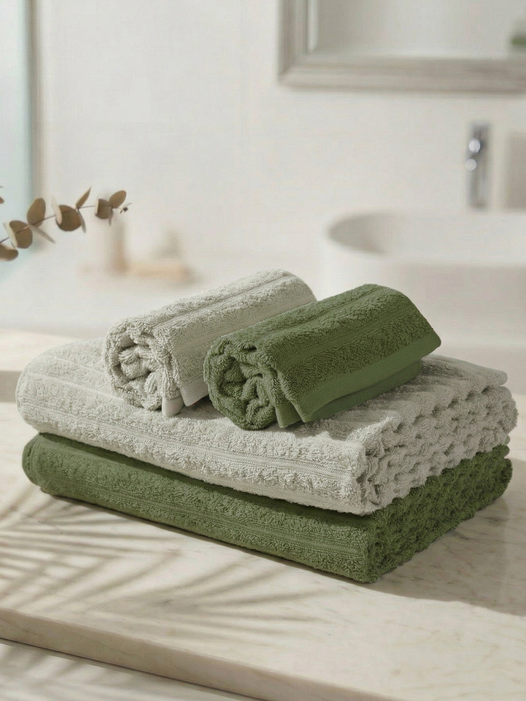 Green & Grey 100% Cotton Solid 500 GSM Bath Towel Sensations 4 Pc Set Gifting Box Pack