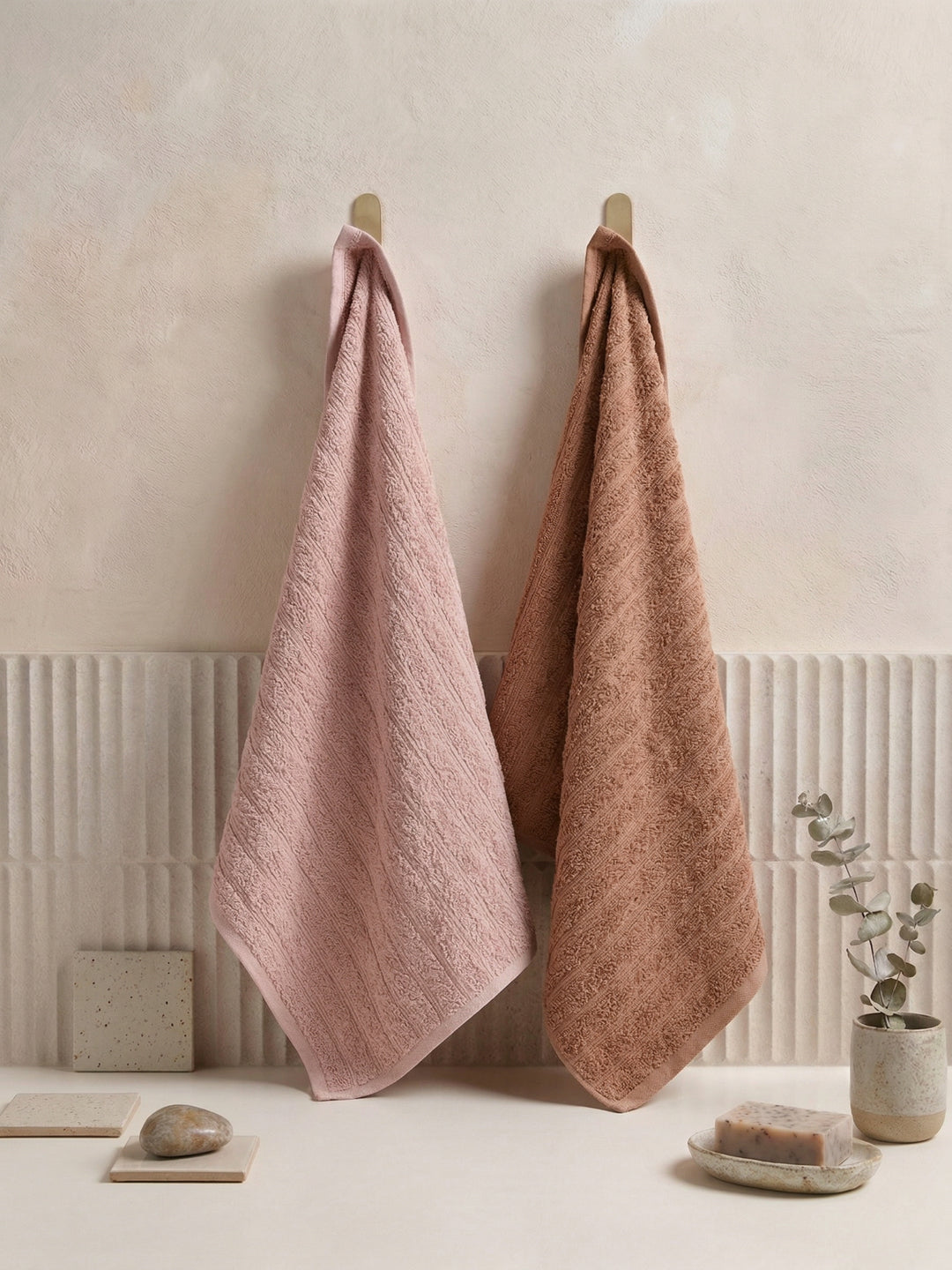 Beige & Pink 100% Cotton Solid 500 GSM Bath Towel Sensations 4 Pc Set Gifting Box Pack