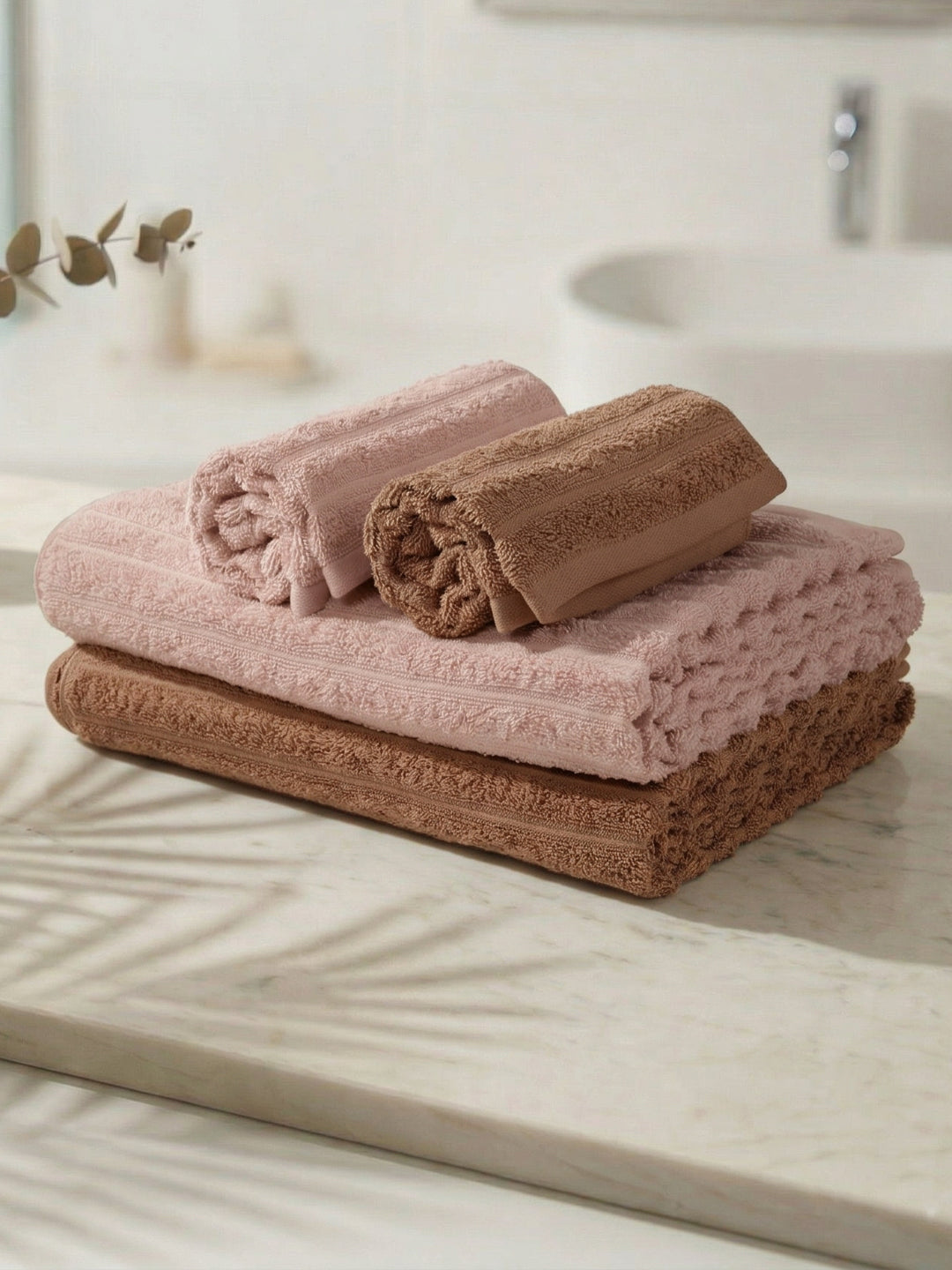 Beige & Pink 100% Cotton Solid 500 GSM Bath Towel Sensations 4 Pc Set Gifting Box Pack