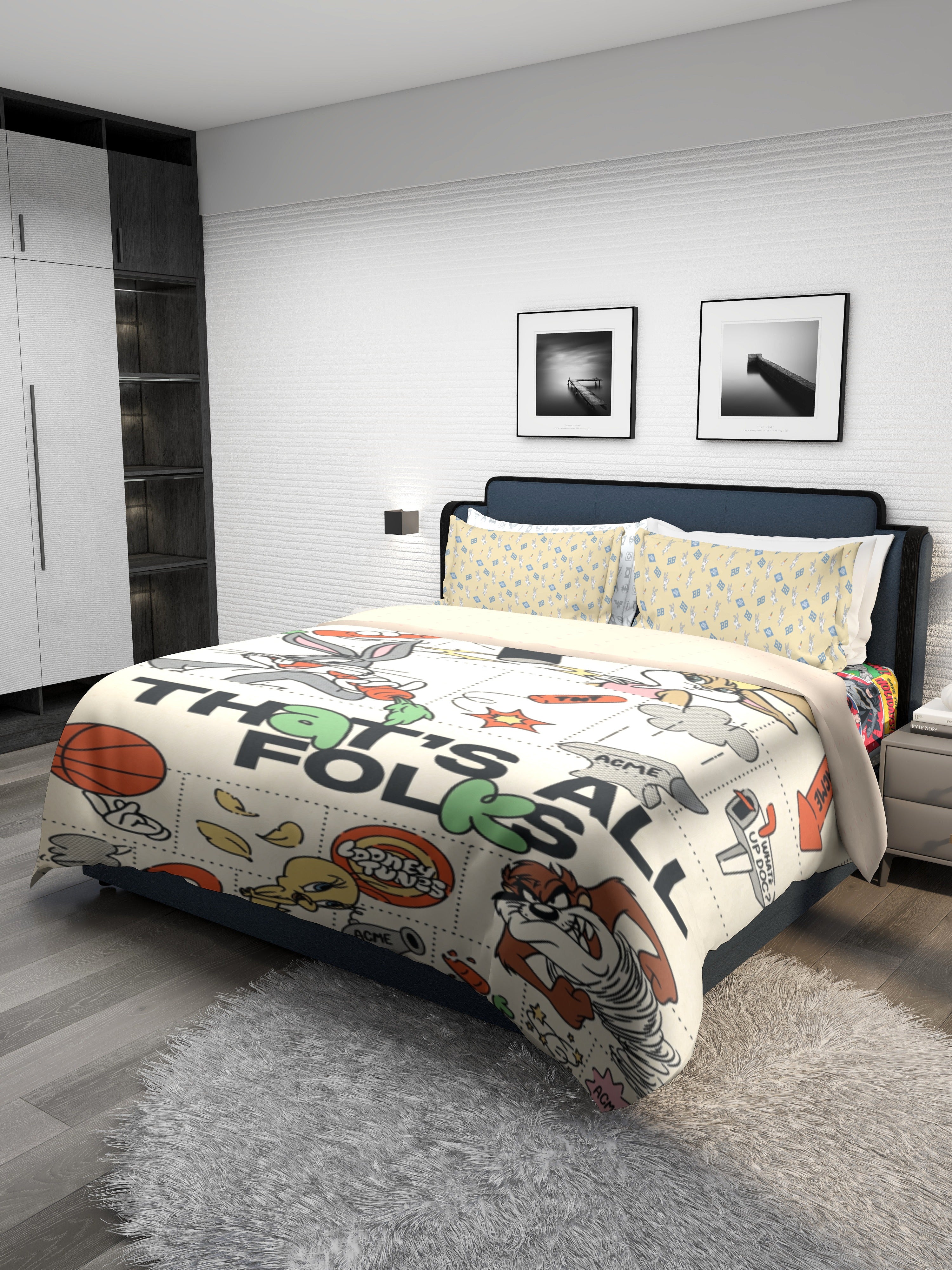 Monte Carlo Kids TOONX Cartoon Printed 4 Pc Bedding Set for King Size Bed, 110 GSM
