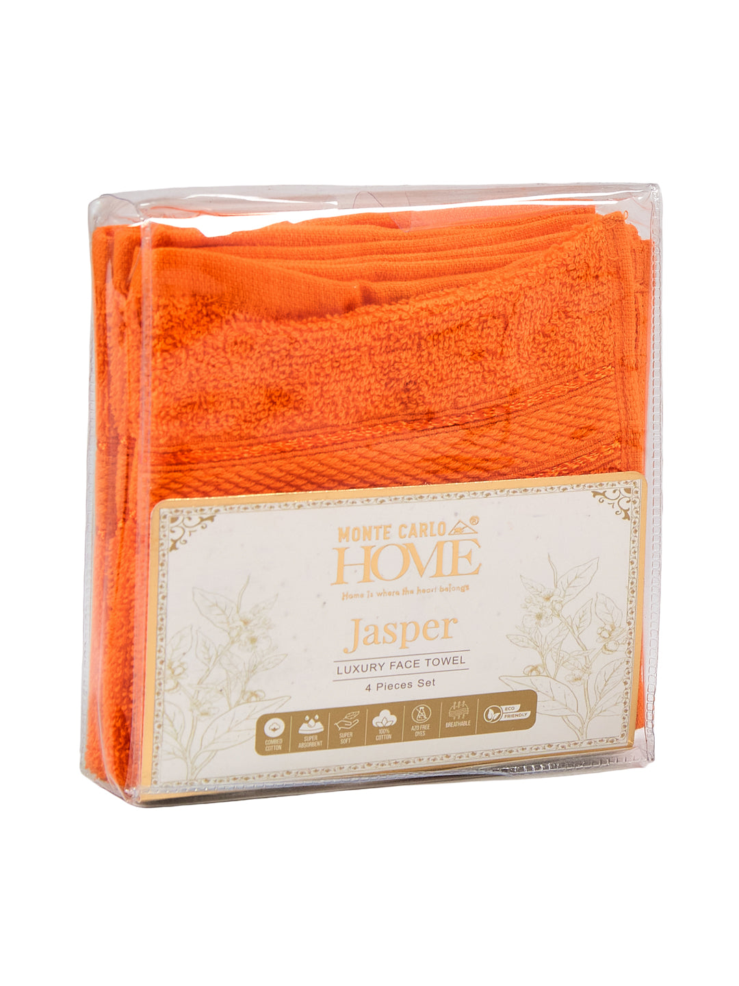 Orange Pure Cotton Solid 400 GSM Face Towel 4 Pc Set (Jasper Collection)