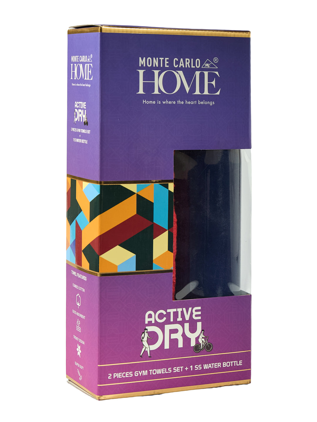 Red 100% Cotton Solid 400 GSM Gym Towel Active Dry 2 Pc Set Gift Box Pack with Free Bottle