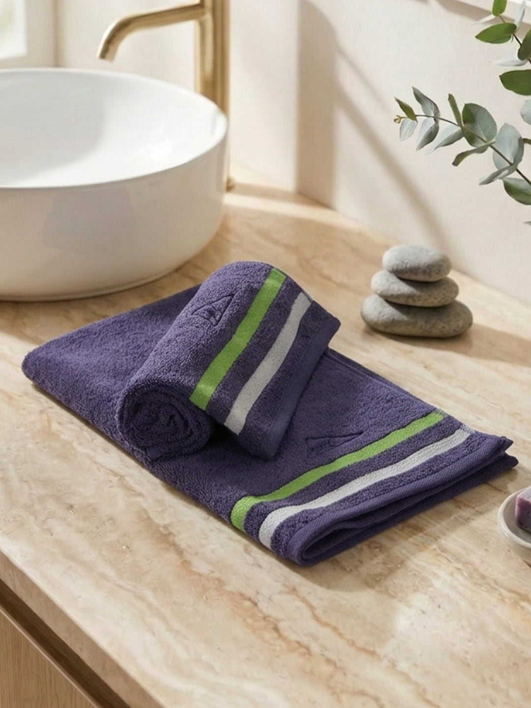 Navy Blue 100% Cotton Solid 400 GSM Gym Towel Active Dry 2 Pc Set Gift Box Pack with Free Bottle