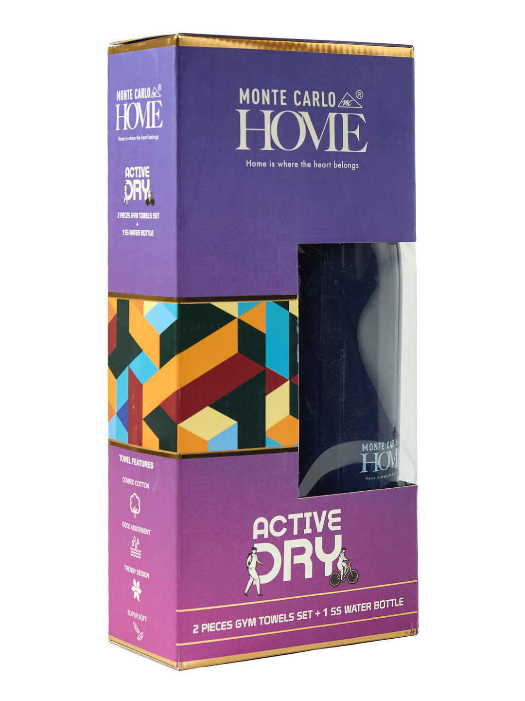 Navy Blue 100% Cotton Solid 400 GSM Gym Towel Active Dry 2 Pc Set Gift Box Pack with Free Bottle