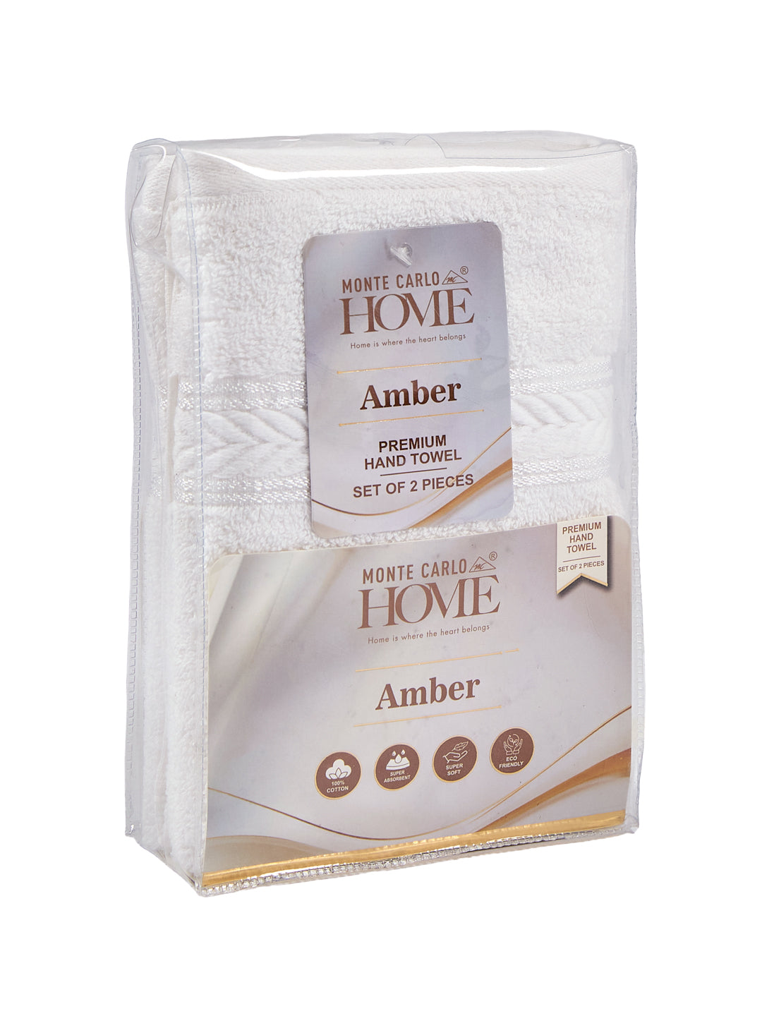 Premium White 100% Cotton Solid 525 GSM Hand Towel Amber 2 Pc Set Pvc Pack