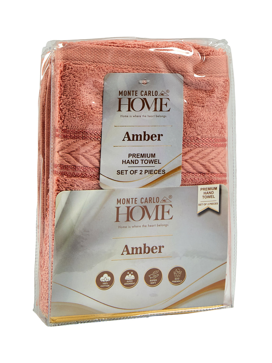 Premium Peach 100% Cotton Solid 525 GSM Hand Towel Amber 2 Pc Set Pvc Pack
