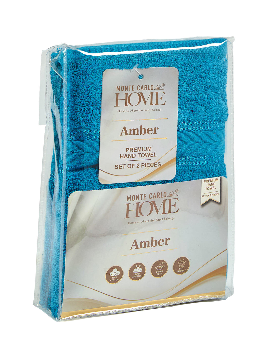 Premium Vivid Blue 100% Cotton Solid 525 GSM Hand Towel Amber 2 Pc Set Pvc Pack