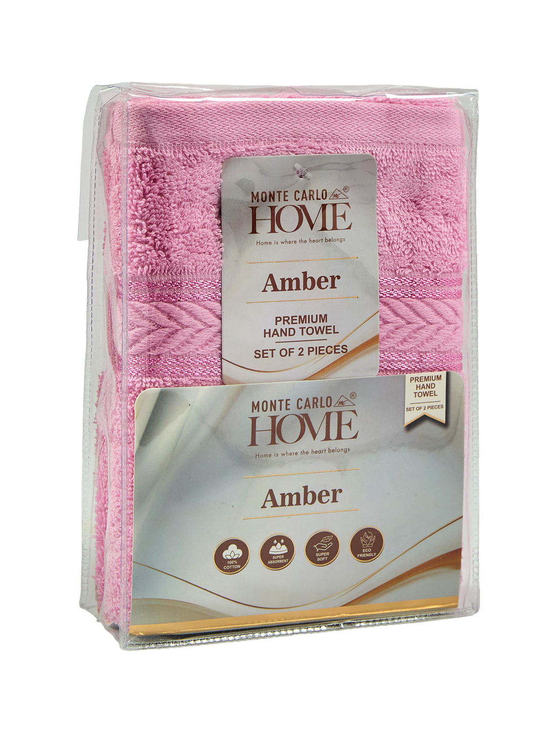 Premium Prism Pink 100% Cotton Solid 525 GSM Hand Towel Amber 2 Pc Set Pvc Pack