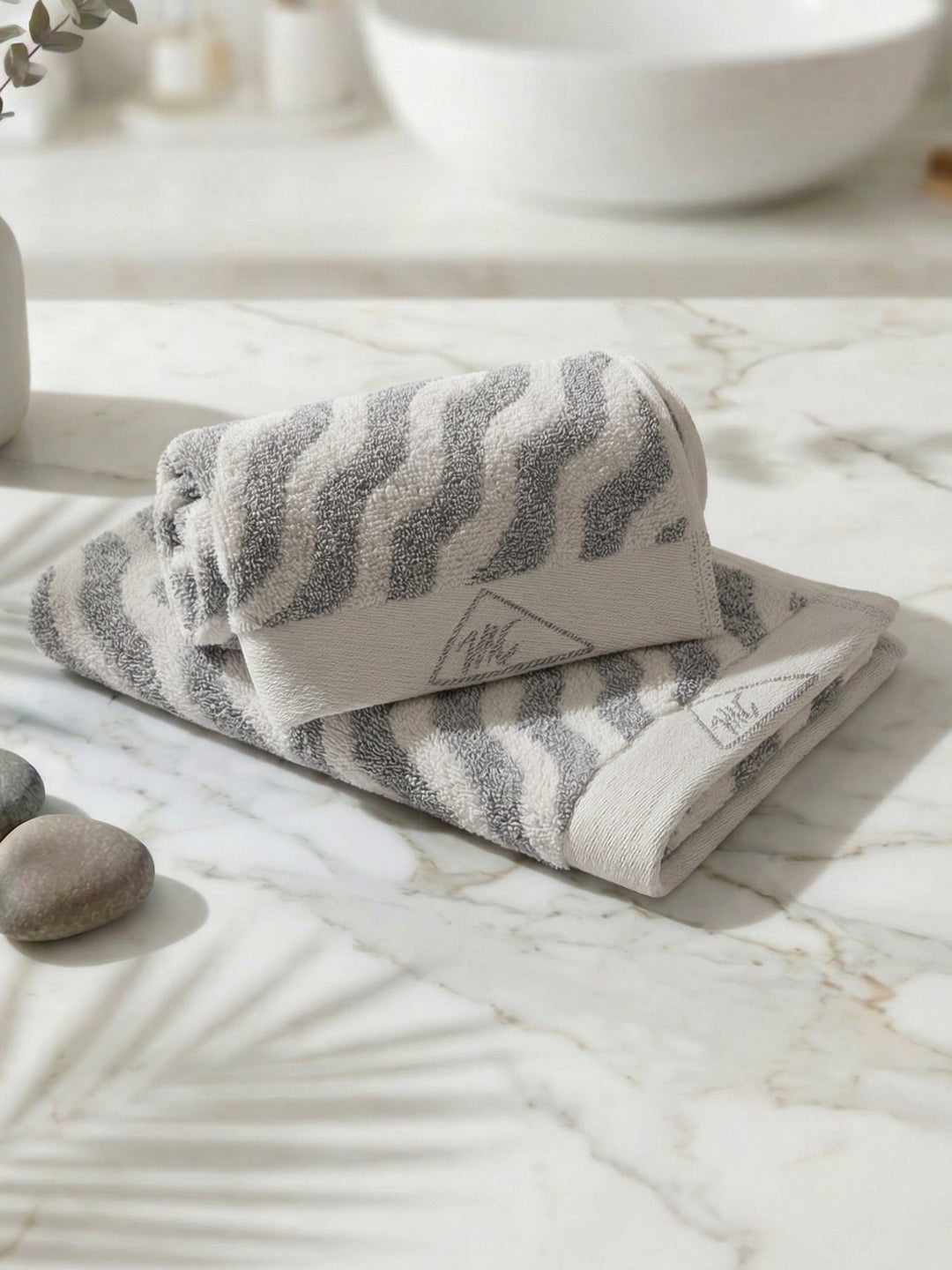 Premium Navy Blue & White Pure Cotton Self Design 500 GSM Hand Towel 2 Pc Set (Green Weave Collection)