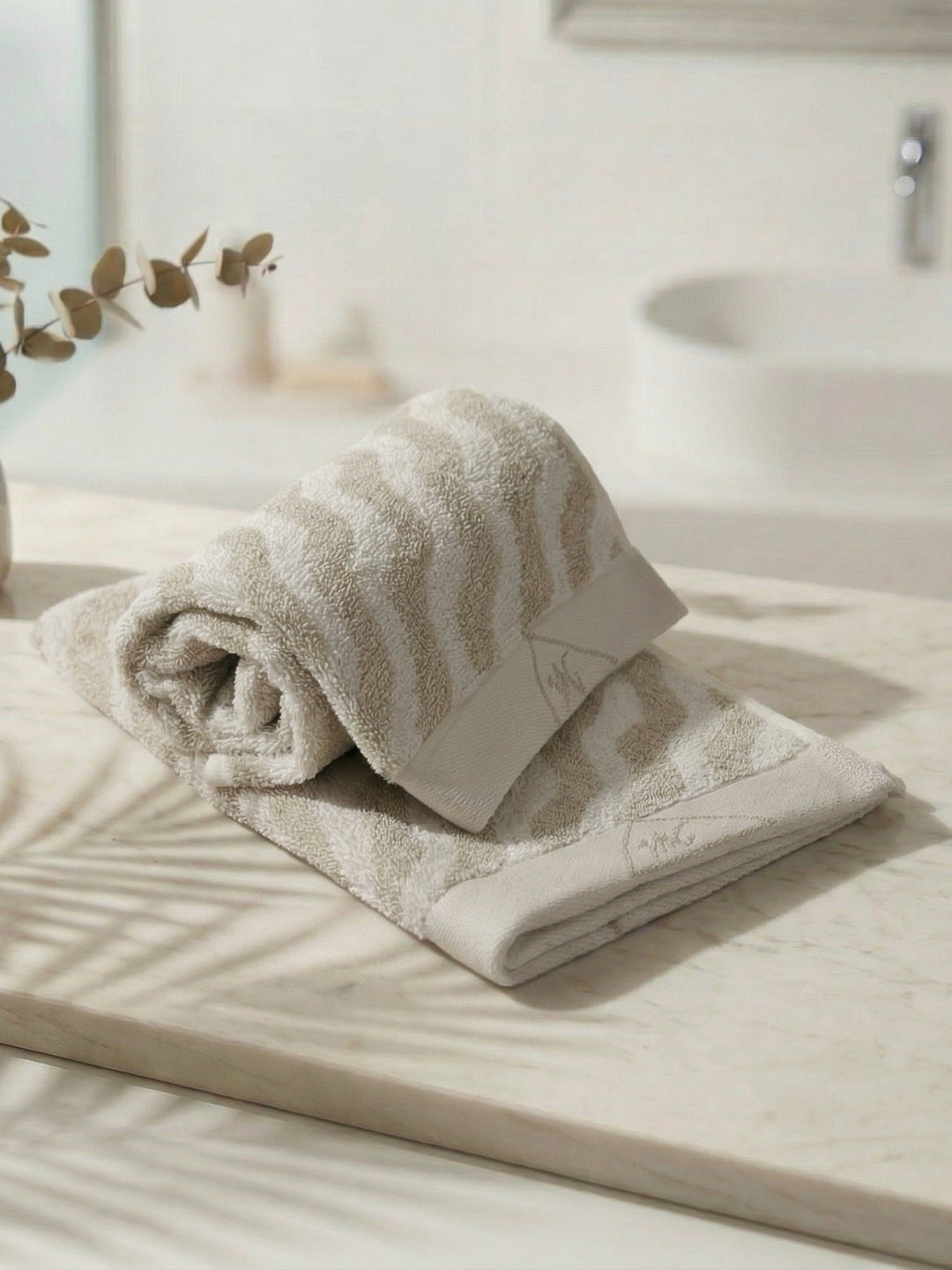 Premium Beige & White Pure Cotton Self Design 500 GSM Hand Towel 2 Pc Set (Green Weave Collection)