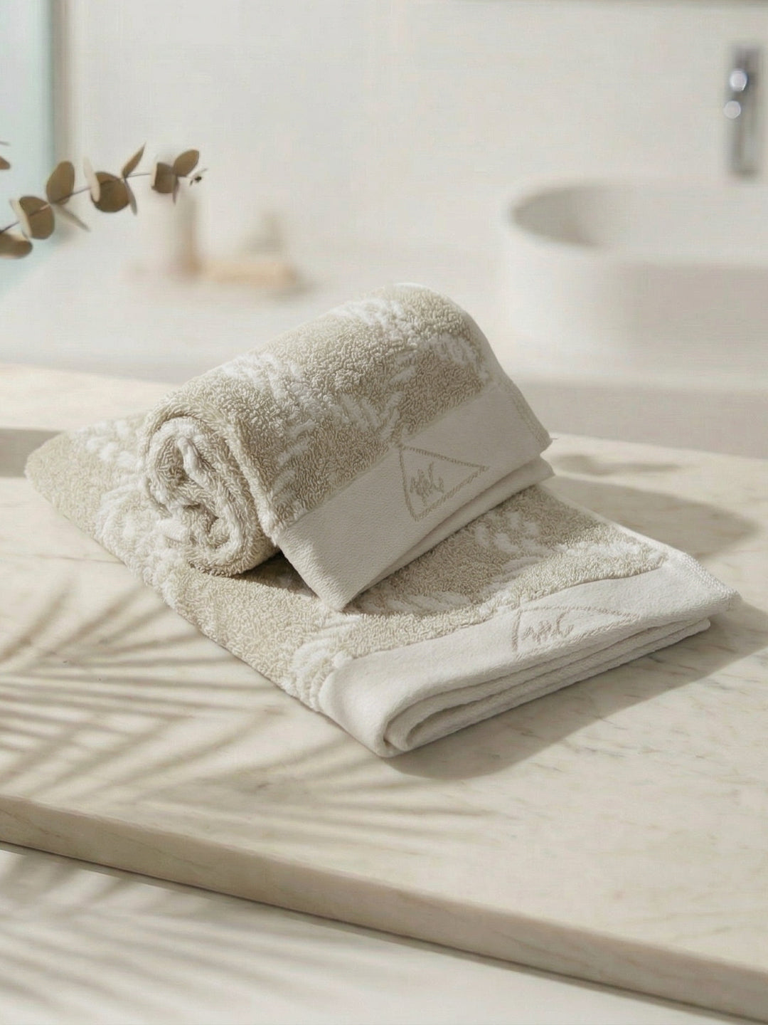 Premium Beige & White Pure Cotton Self Design 500 GSM Hand Towel 2 Pc Set (Green Weave Collection)