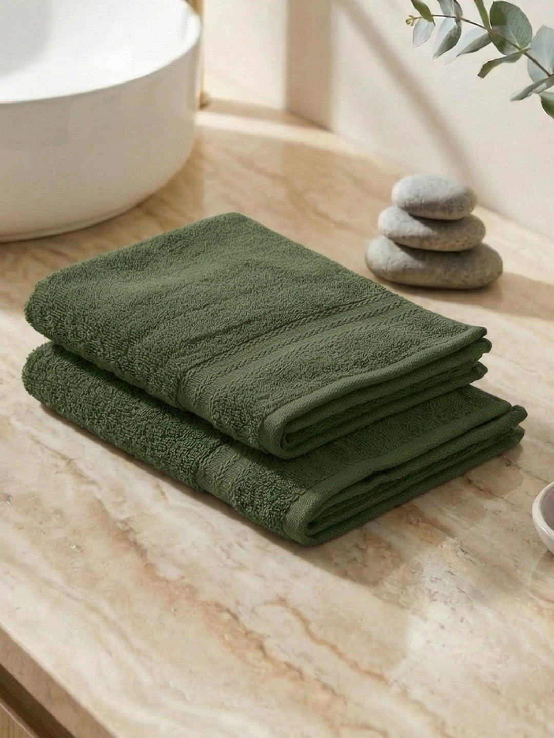 Green Pure Cotton Solid 380 GSM Hand Towel 2 Pc Set (Jazz Collection)