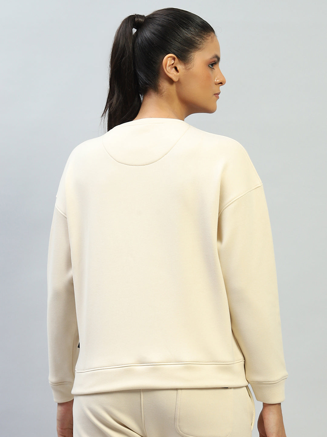 Rock.it Women Cream Solid Round Neck Full Sleeve Sweatshirt