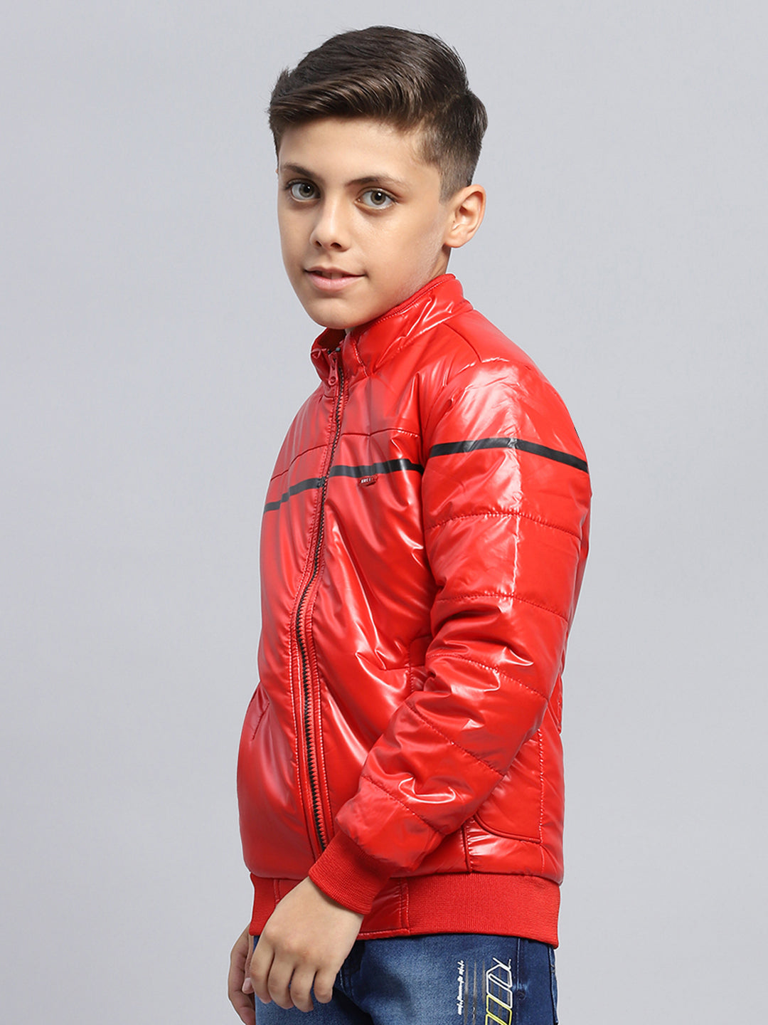 Boys Red Solid Mock Neck Full Sleeve Jacket