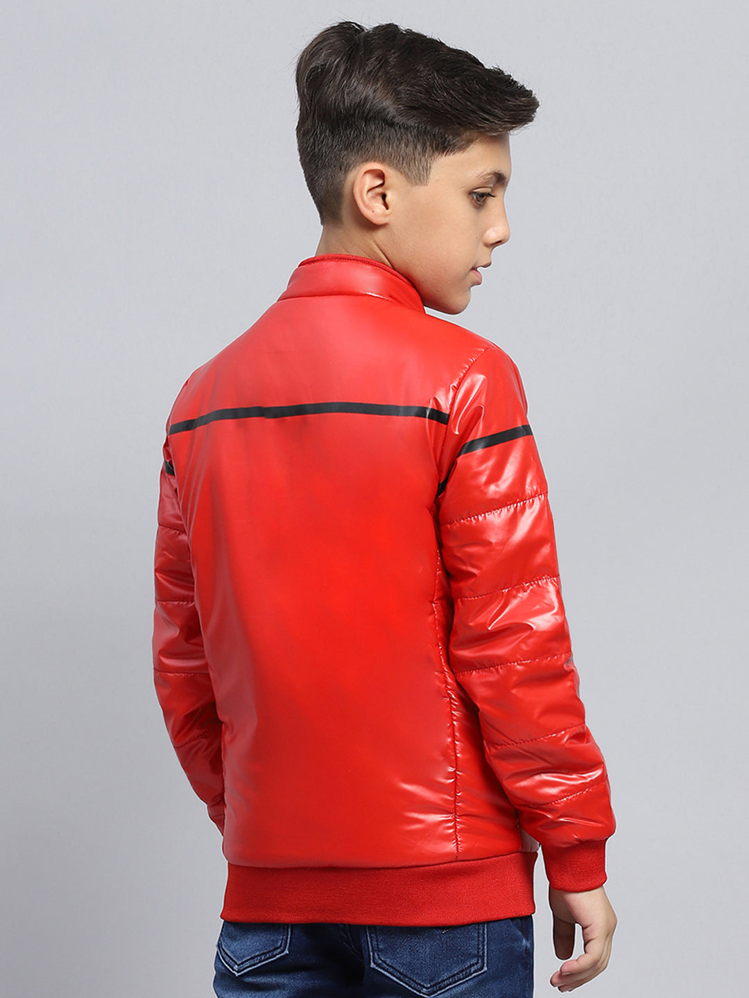 Boys Red Solid Mock Neck Full Sleeve Jacket