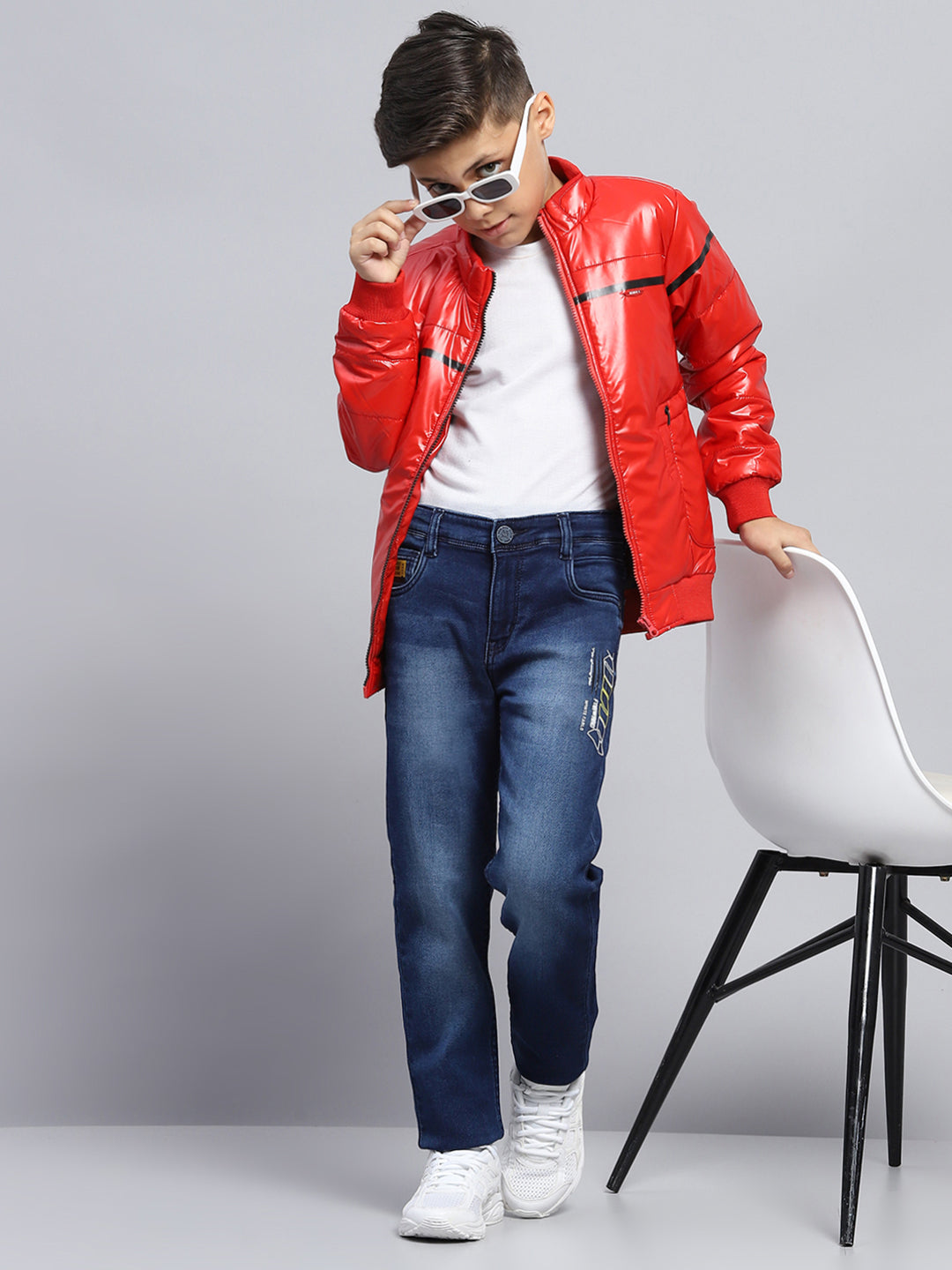 Boys Red Solid Mock Neck Full Sleeve Jacket