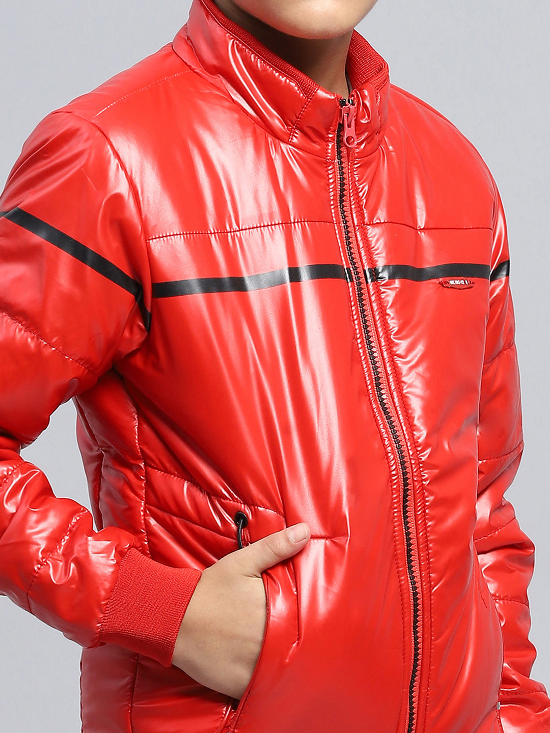 Boys Red Solid Mock Neck Full Sleeve Jacket