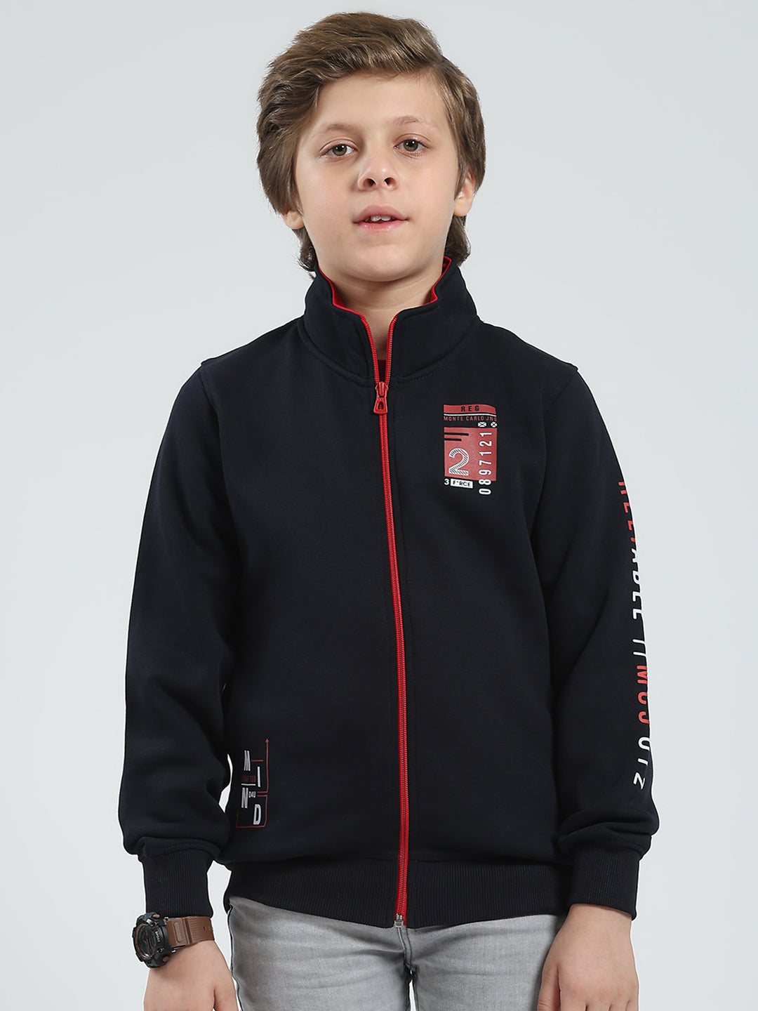 Boys Navy Blue Printed Mock Neck Full Sleeve Sweatshirt