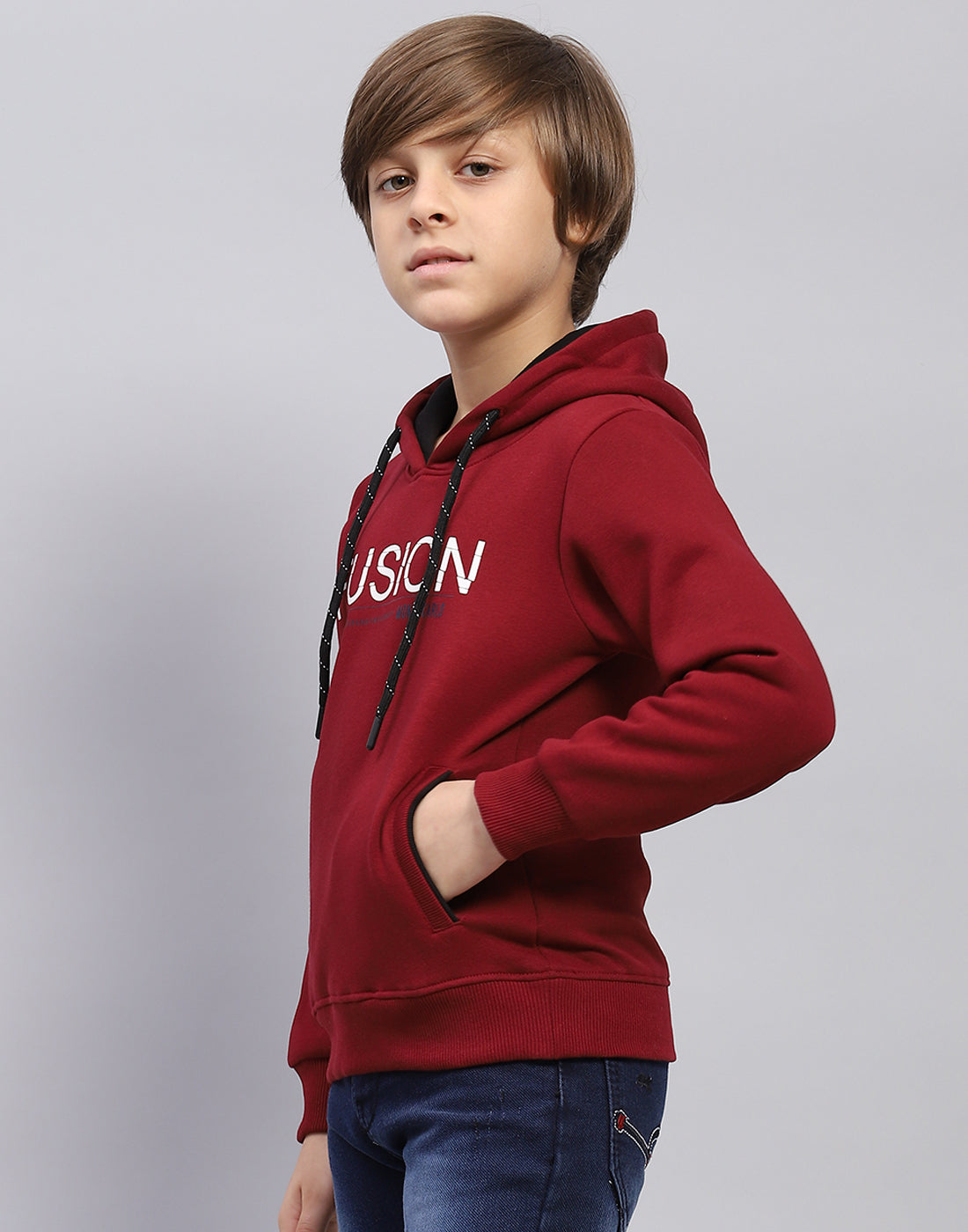 Boys Maroon Solid Hooded Full Sleeve Sweatshirt