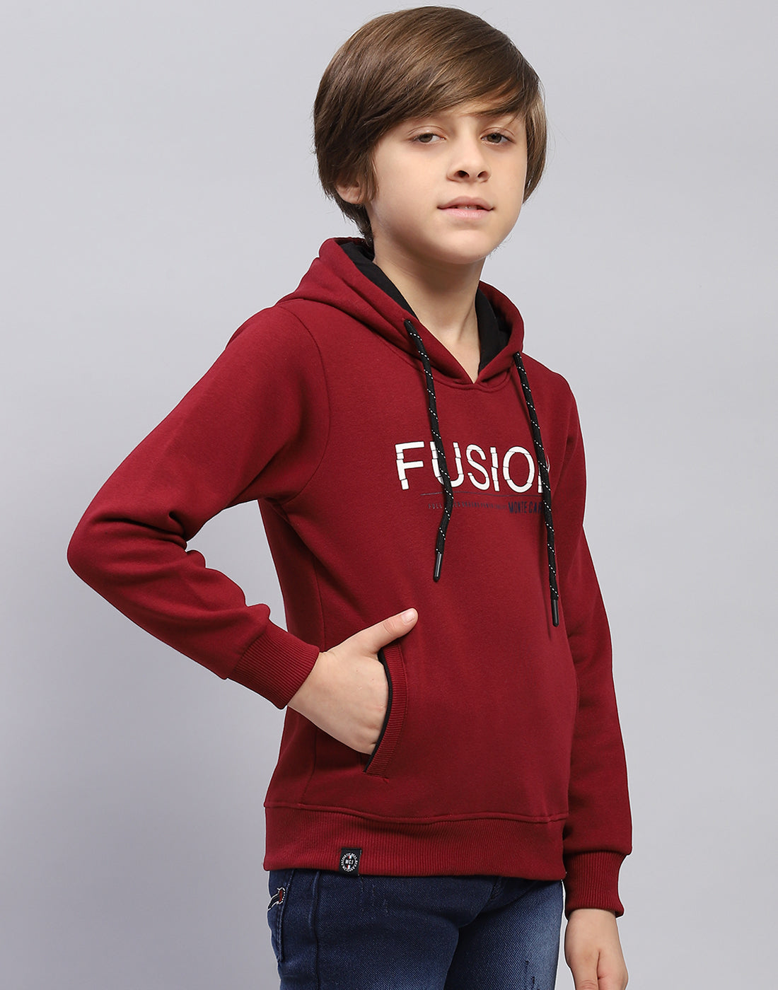 Boys Maroon Solid Hooded Full Sleeve Sweatshirt