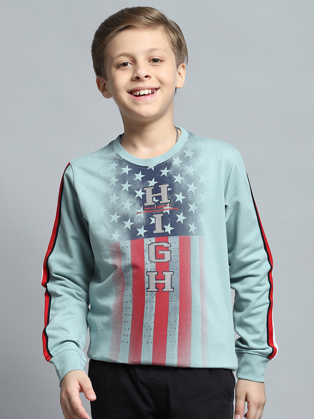 Boys Green Printed Round Neck Full Sleeve Sweatshirt