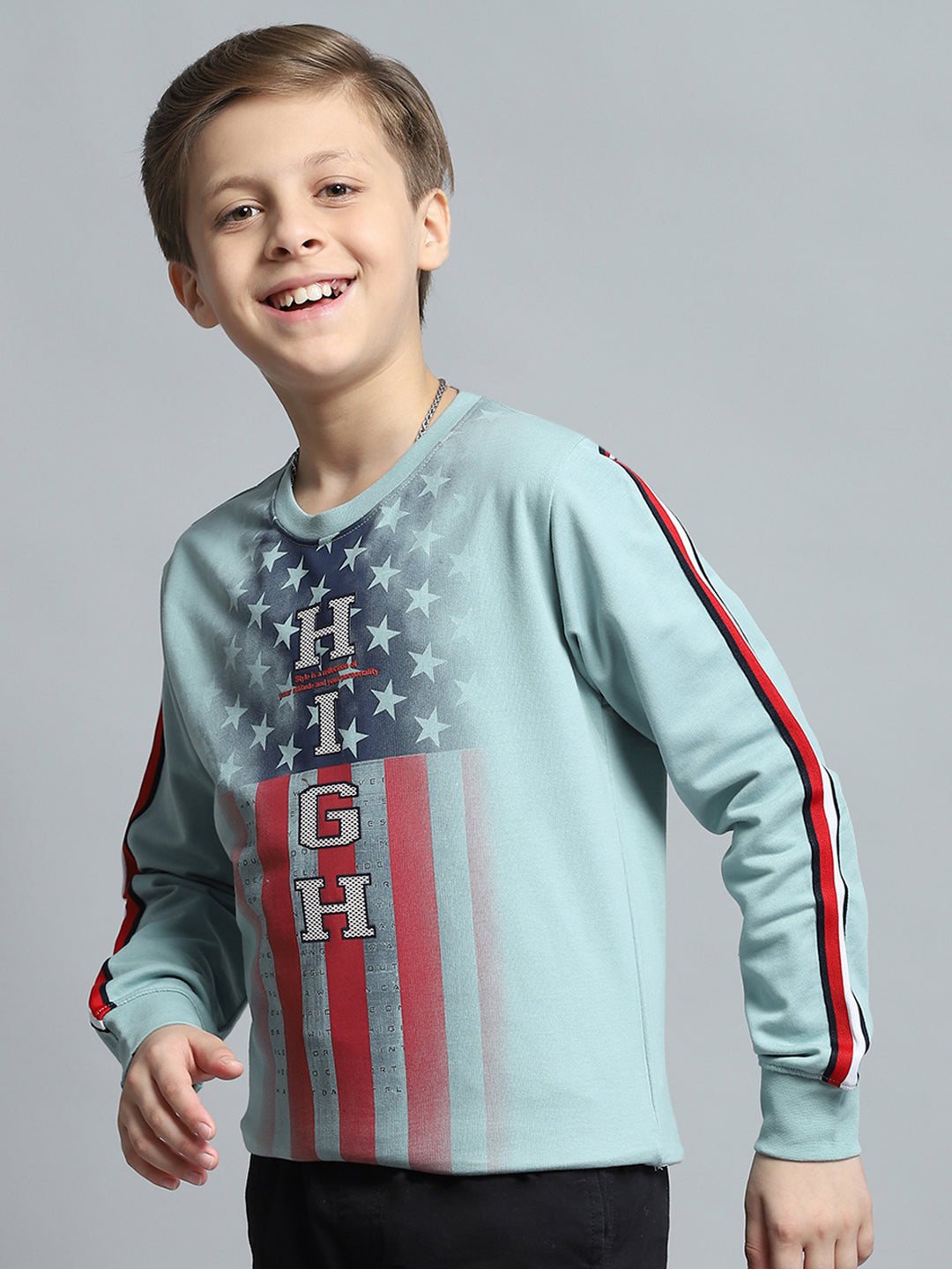 Boys Green Printed Round Neck Full Sleeve Sweatshirt