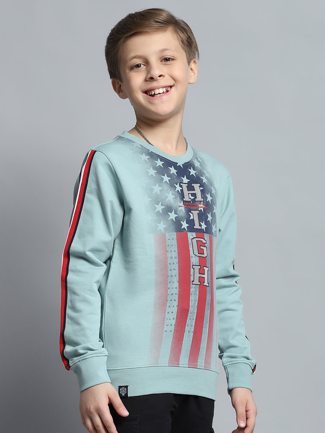 Boys Green Printed Round Neck Full Sleeve Sweatshirt