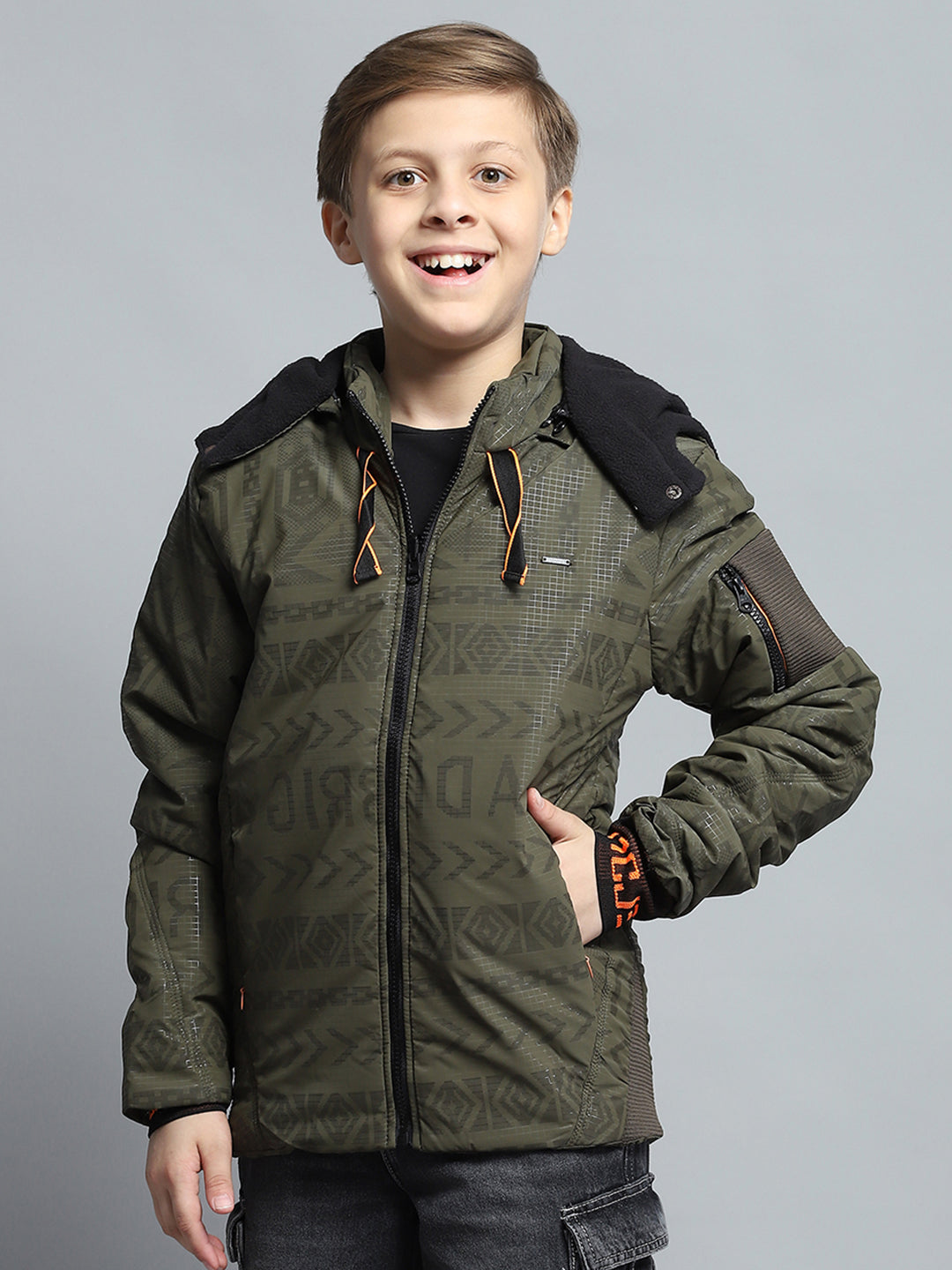 Boys Olive Printed Detachable Hood Full Sleeve Jacket