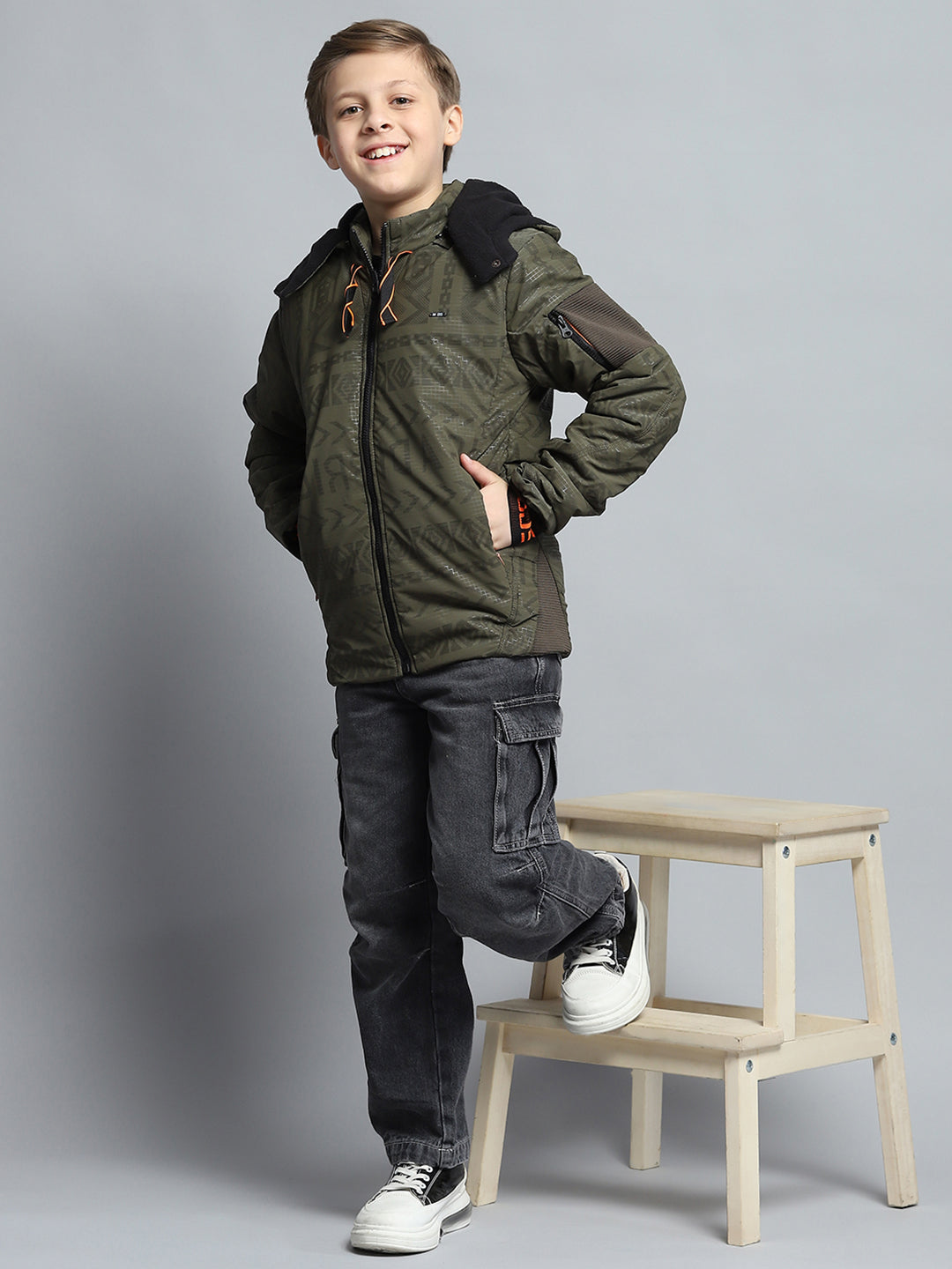 Boys Olive Printed Detachable Hood Full Sleeve Jacket