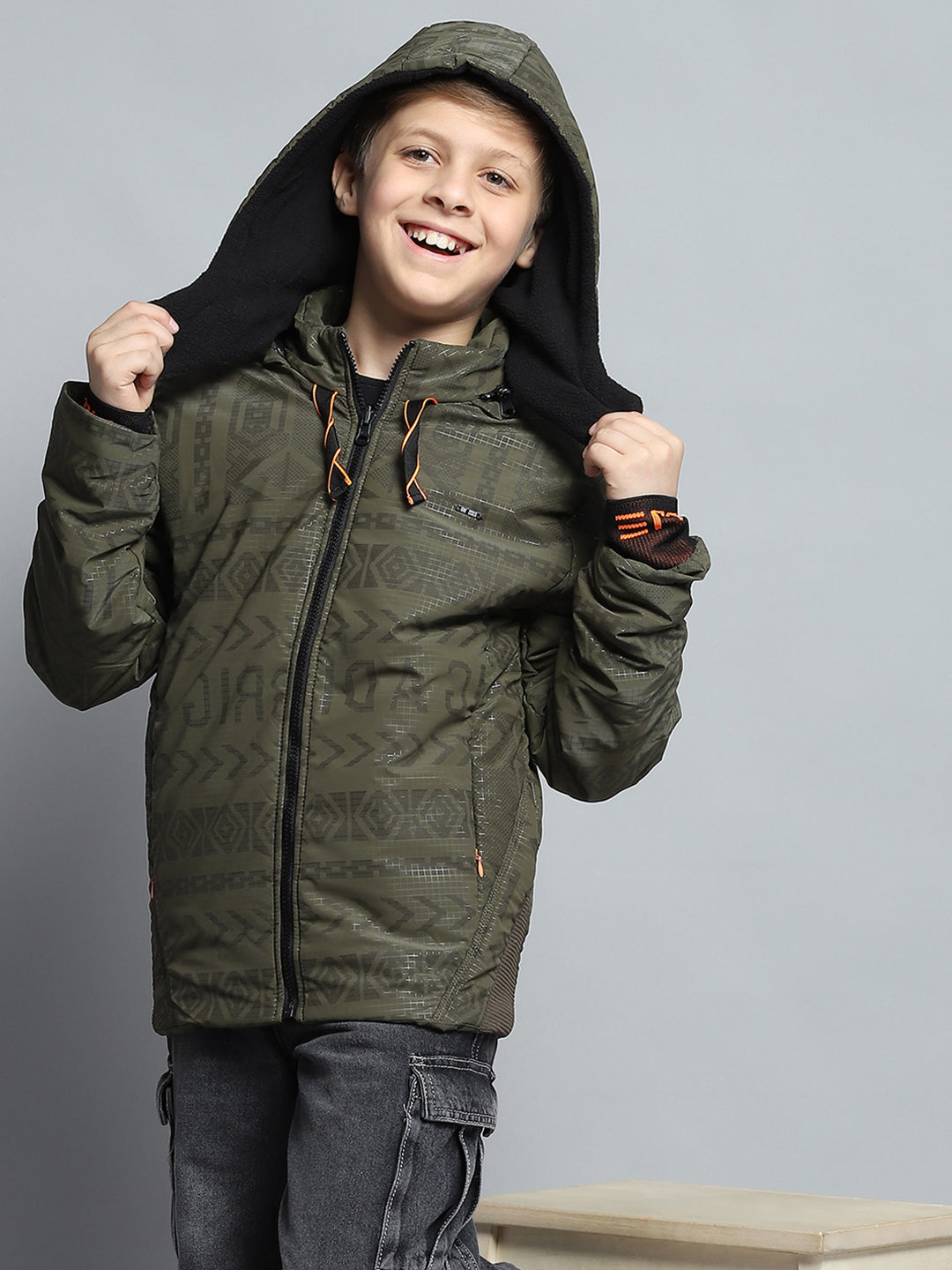 Boys Olive Printed Detachable Hood Full Sleeve Jacket