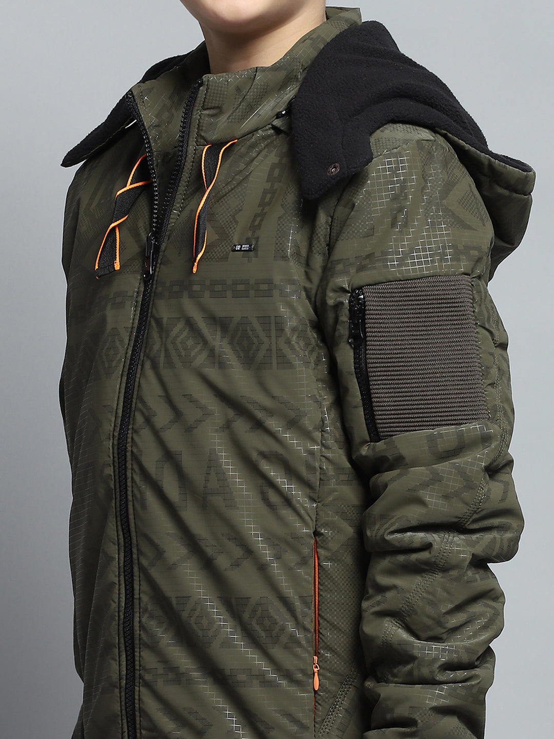 Boys Olive Printed Detachable Hood Full Sleeve Jacket