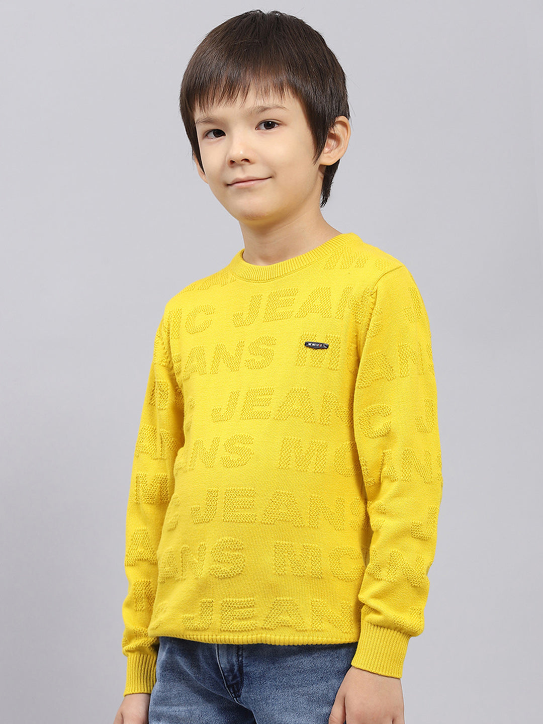 Boys Mustard Self Design Round Neck Full Sleeve Pullover
