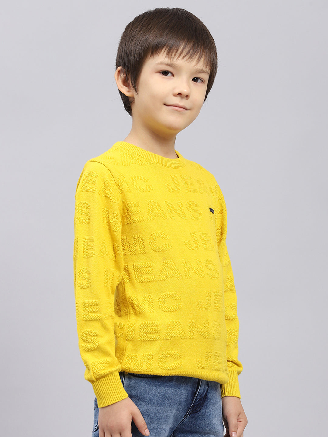 Boys Mustard Self Design Round Neck Full Sleeve Pullover