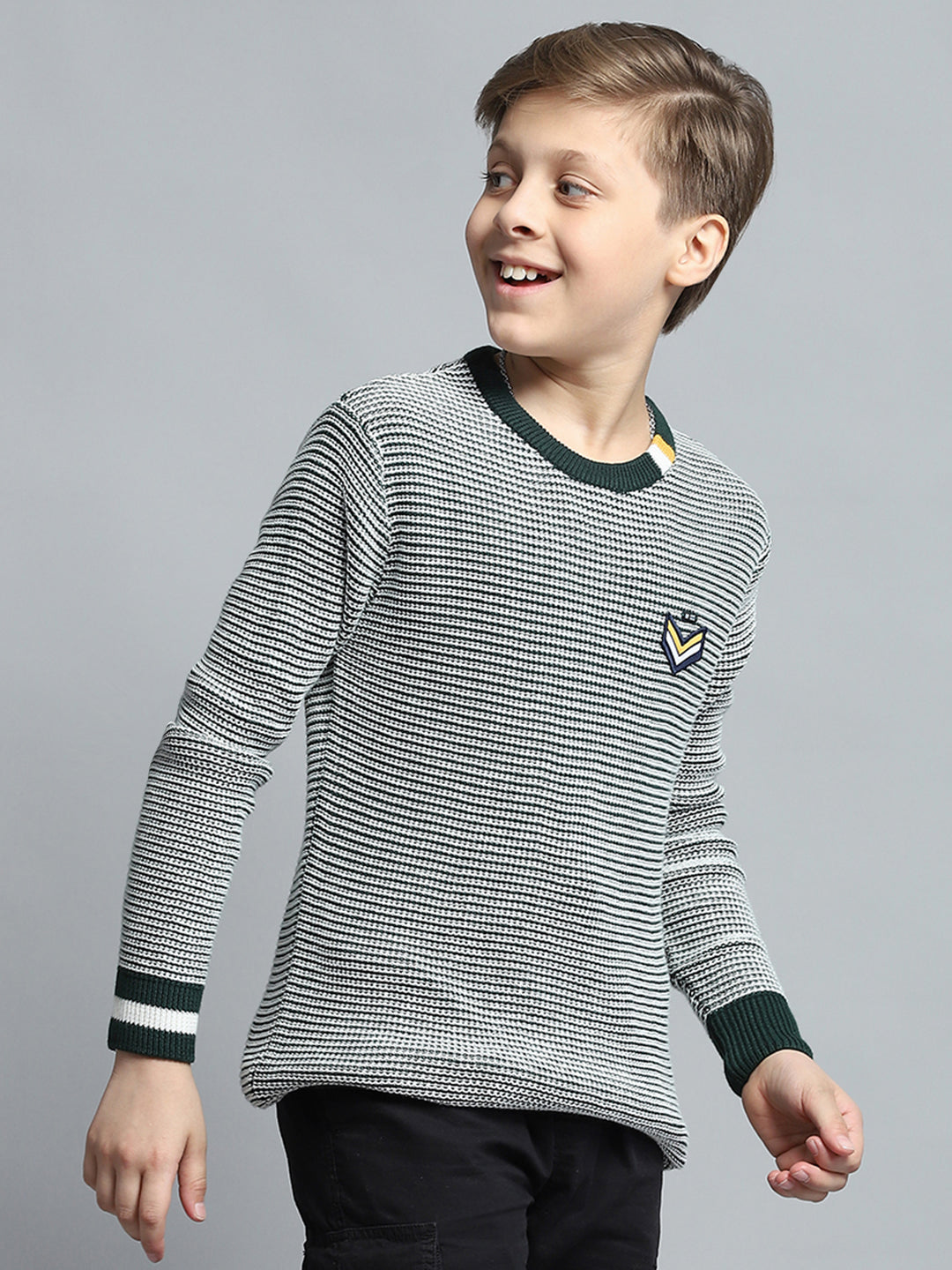 Boys Green Stripe Round Neck Full Sleeve Pullover