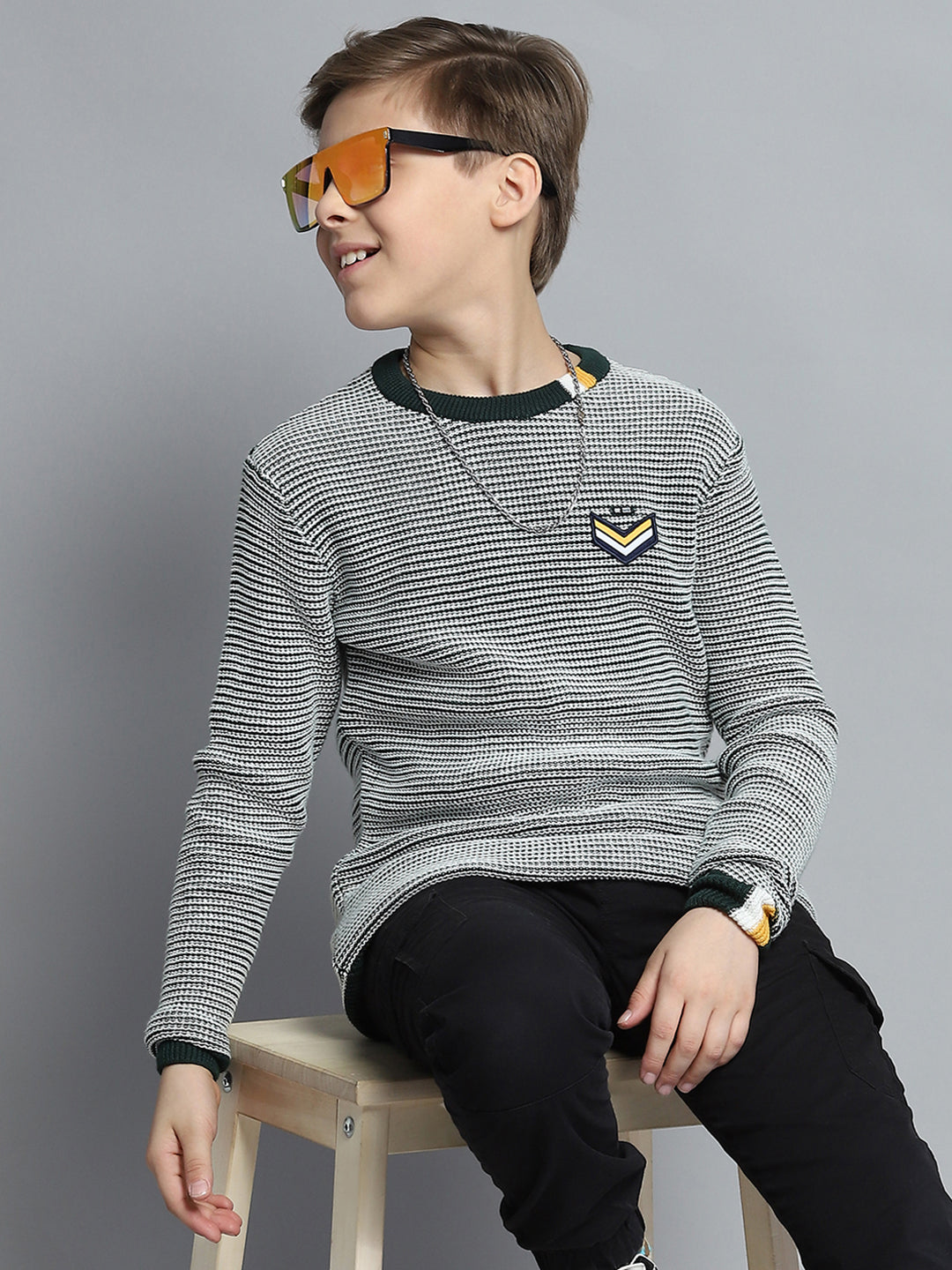 Boys Green Stripe Round Neck Full Sleeve Pullover