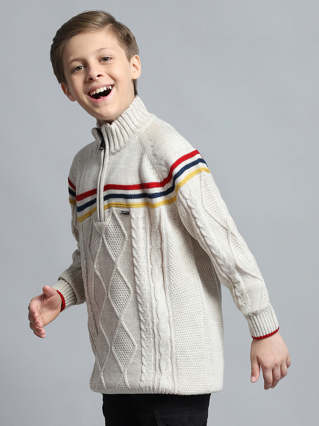 Boys Cream Self Design Mock Neck Full Sleeve Pullover