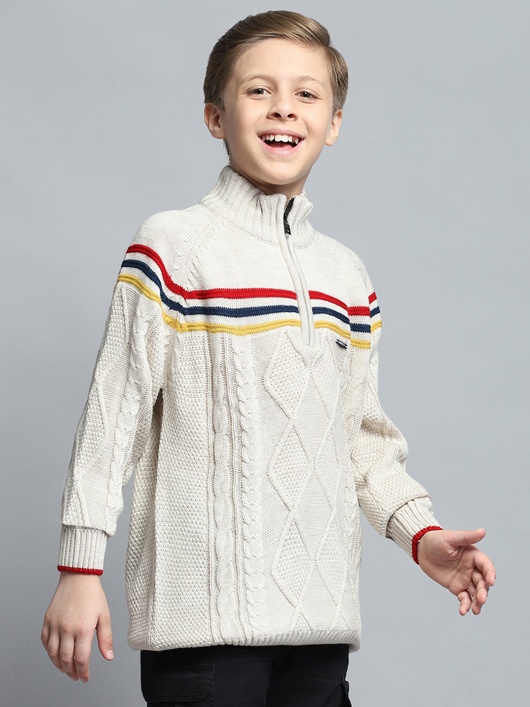 Boys Cream Self Design Mock Neck Full Sleeve Pullover