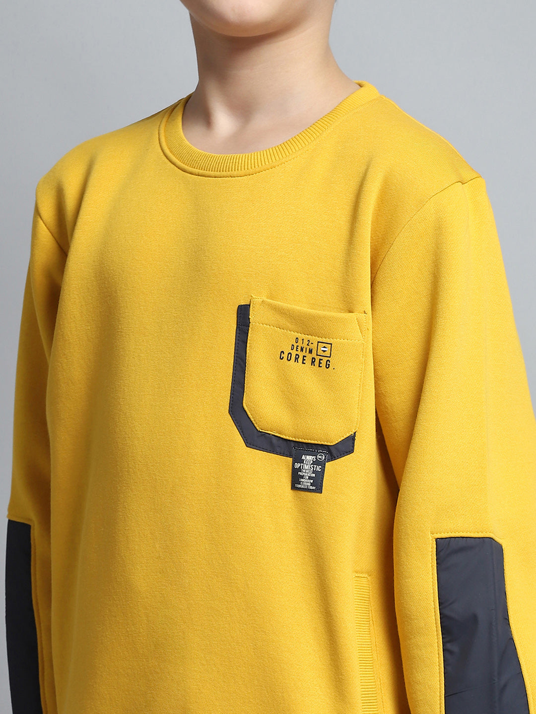Boys Yellow Solid Round Neck Full Sleeve Sweatshirt